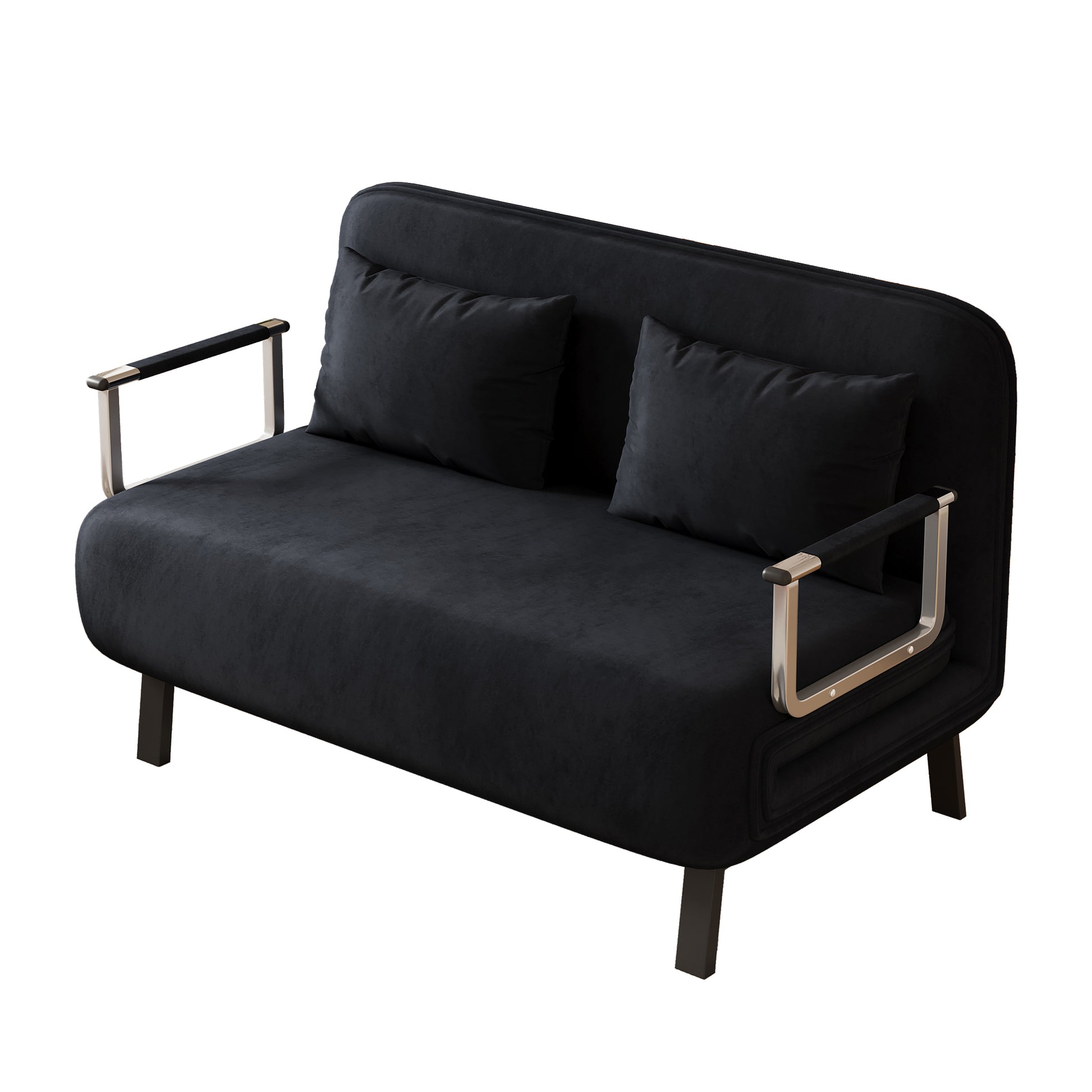 Black velvet sofa with two plush pillows and chrome armrests perfect for modern living rooms