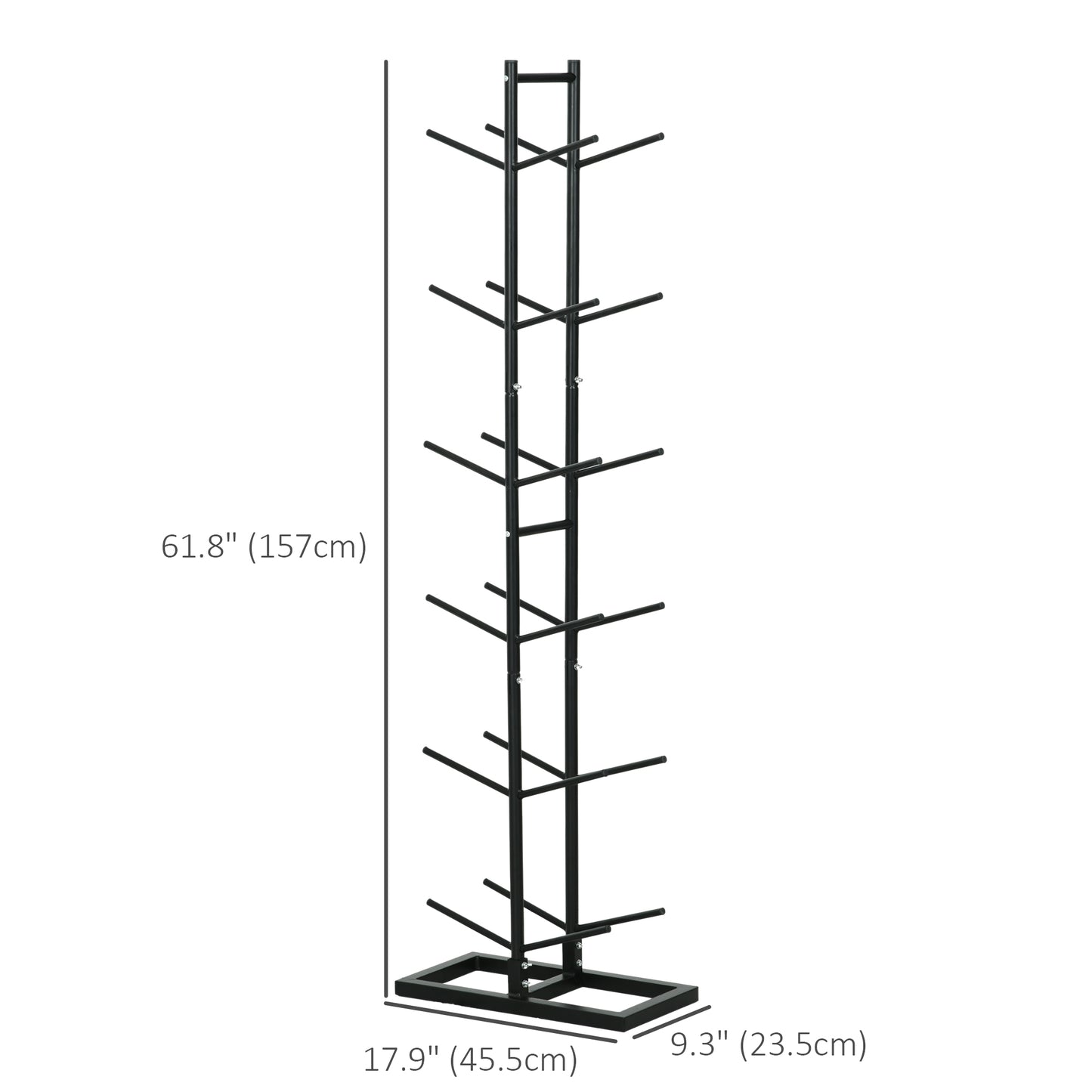 Black metal treeshaped display rack with  horizontal arms for hanging items