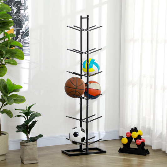 Black metal sports ball organizer with basketball soccer ball and volleyball