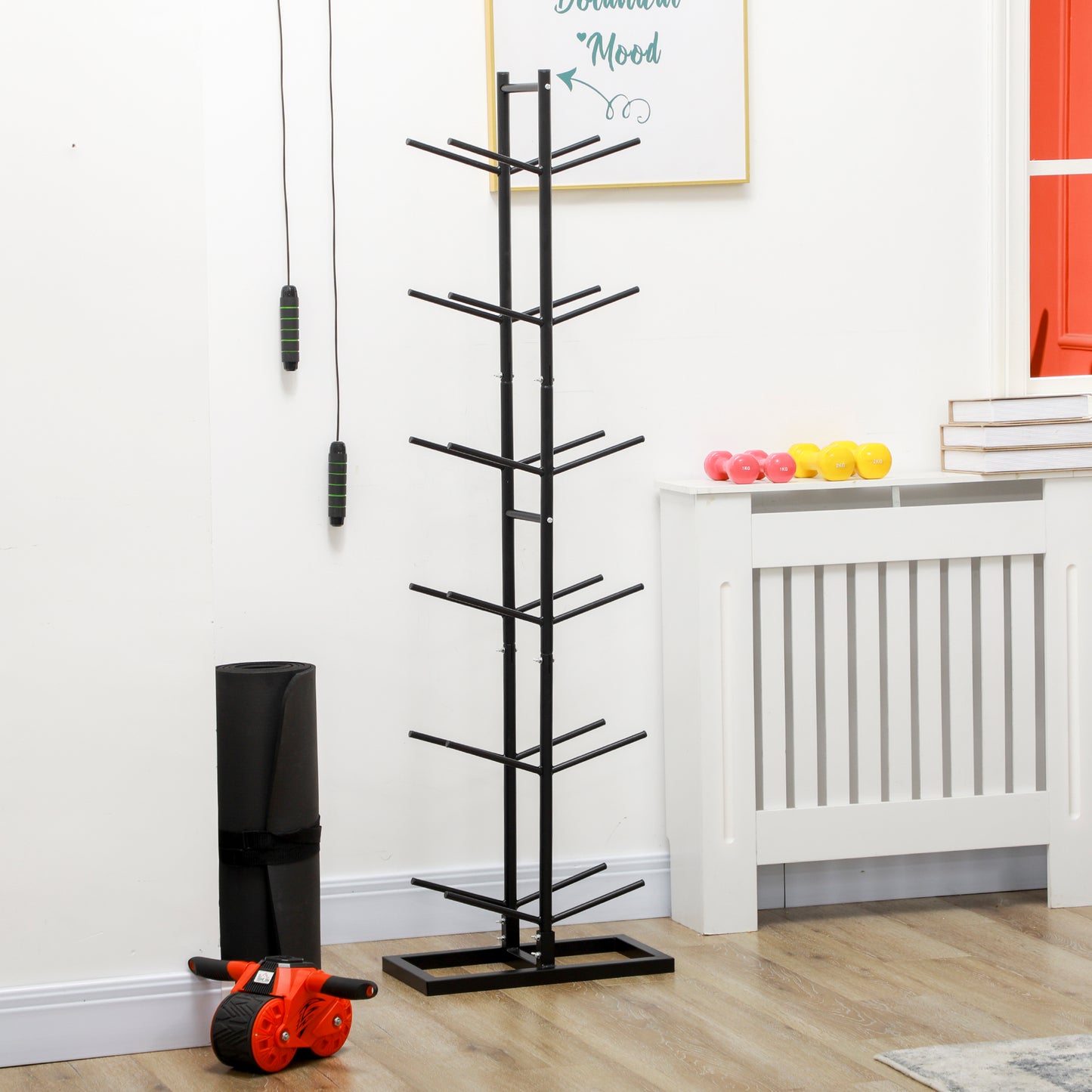 Black metal dumbbell rack with tiered shelves for organizing weights