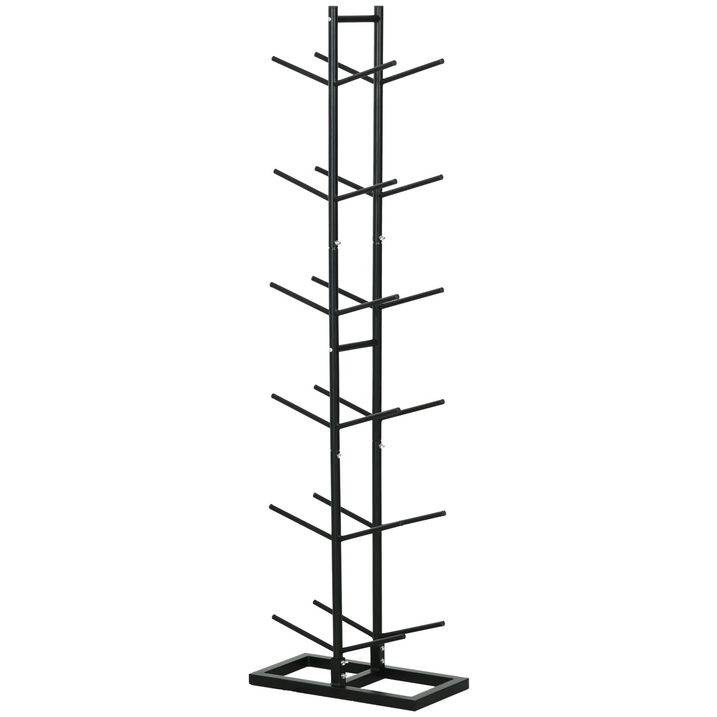 Black metal treeshaped floor rack with multiple branches for hanging items