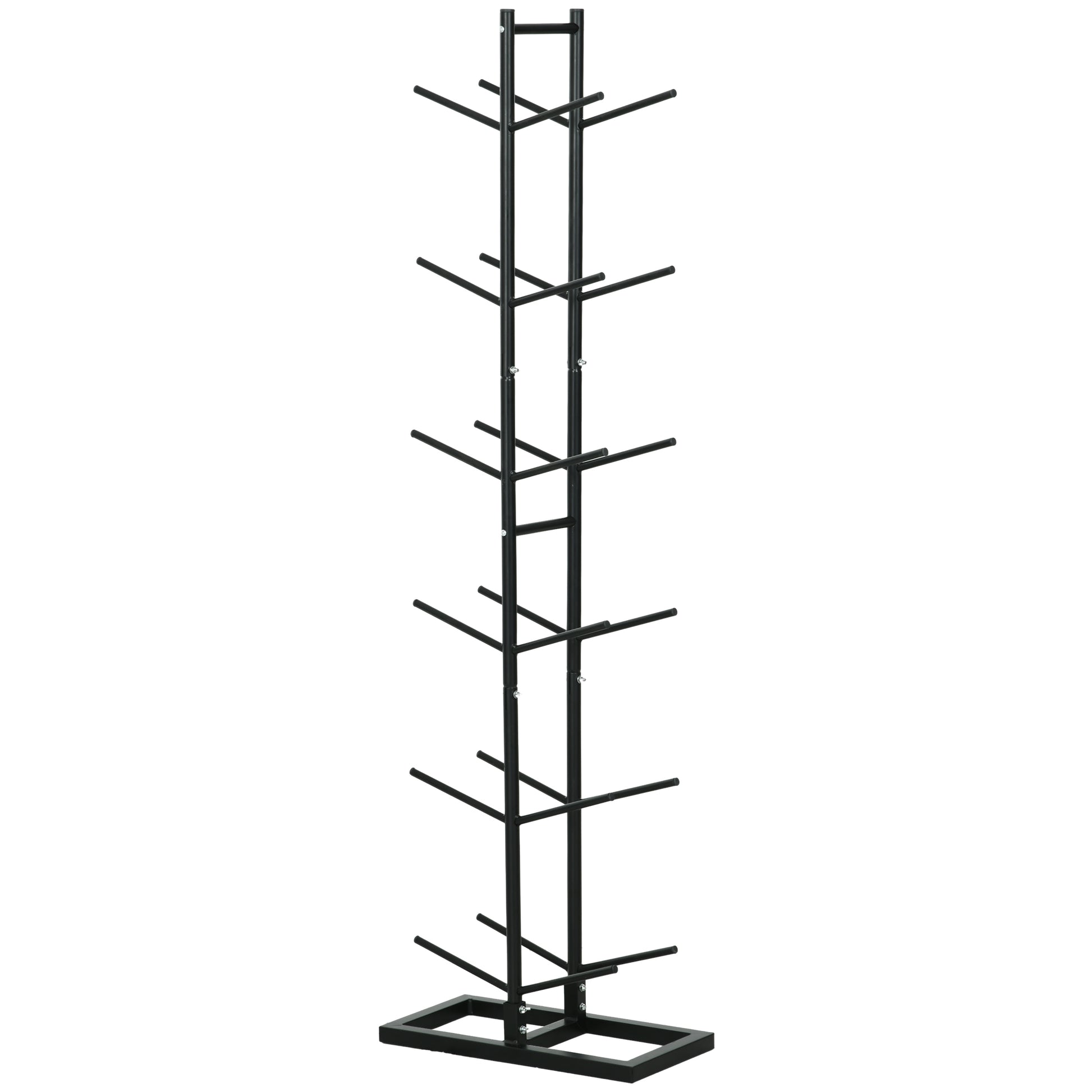 Black metal treeshaped floor rack with multiple branches for hanging items