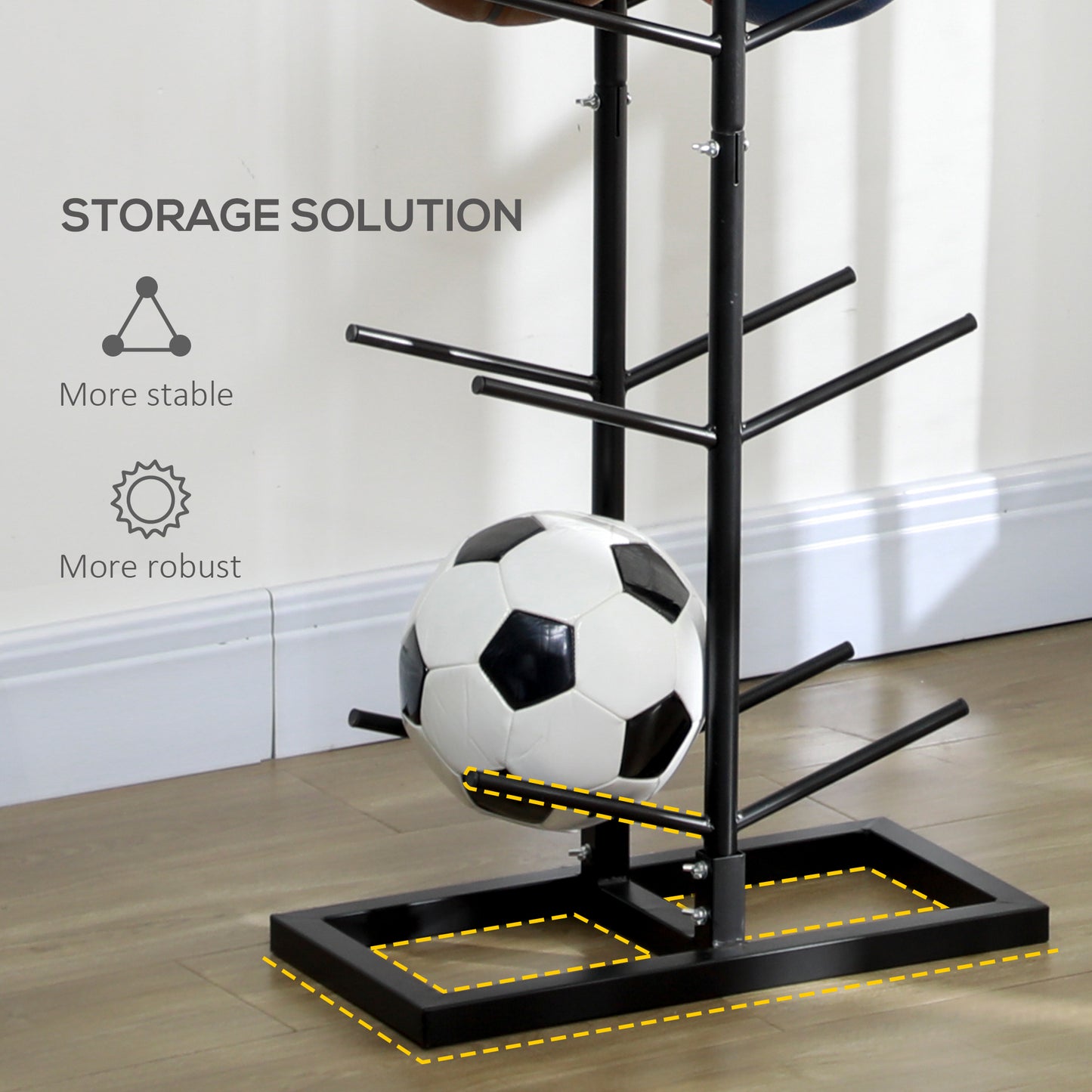 Black metal multitier ball rack holding a soccer ball basketball and football