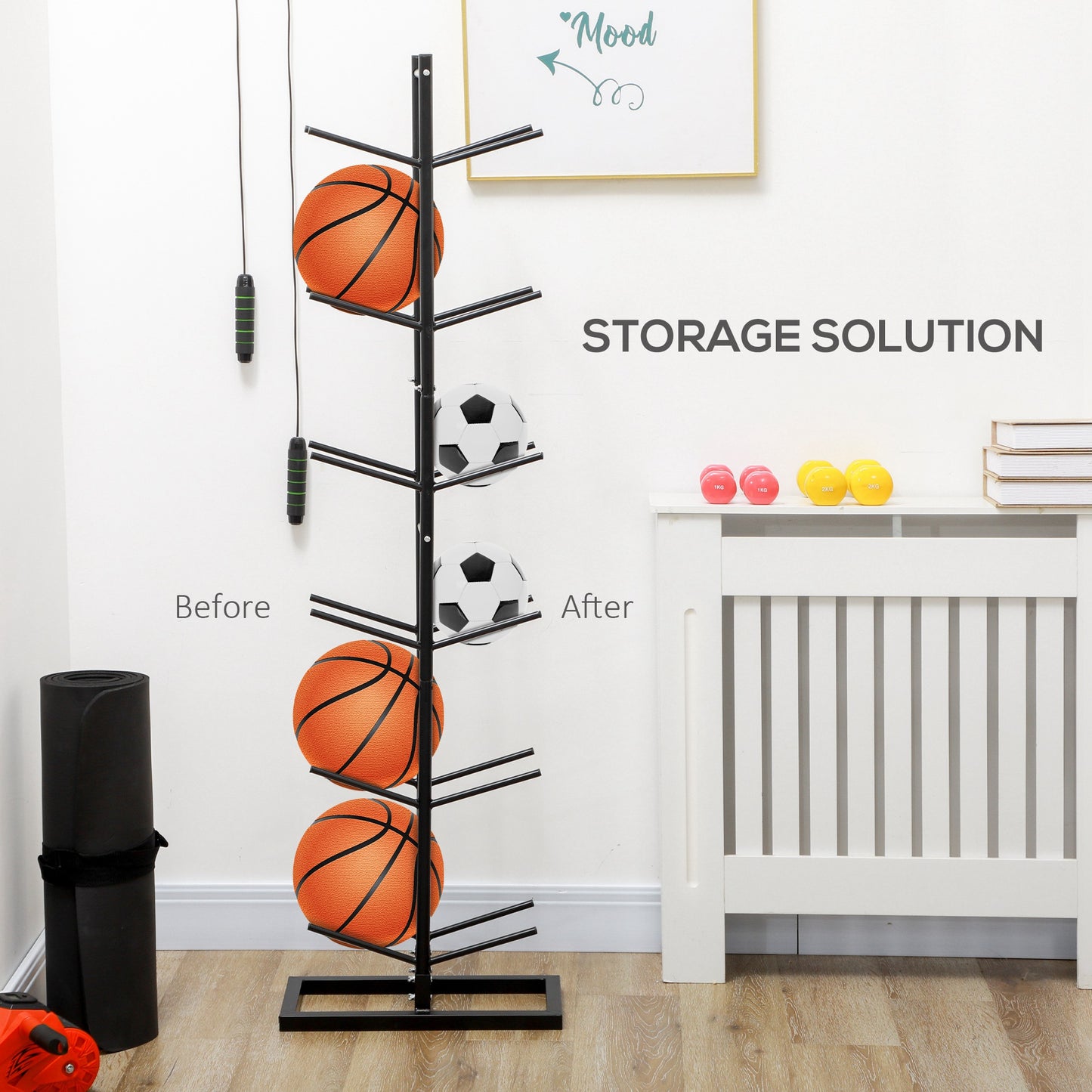 Black metal ball rack holding two basketballs and two soccer balls ideal for sports storage