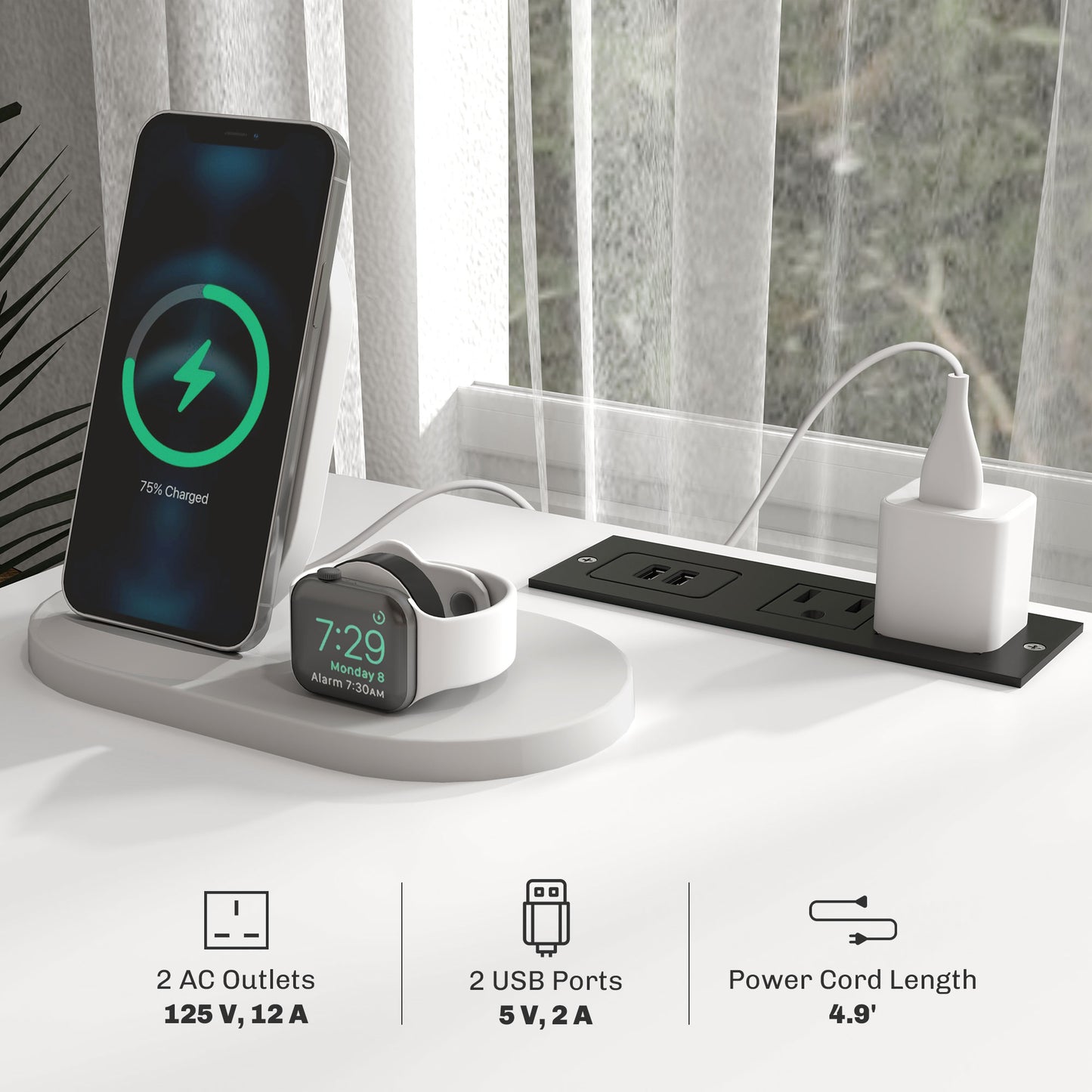 White wireless charging stand holding iPhone and Apple Watch