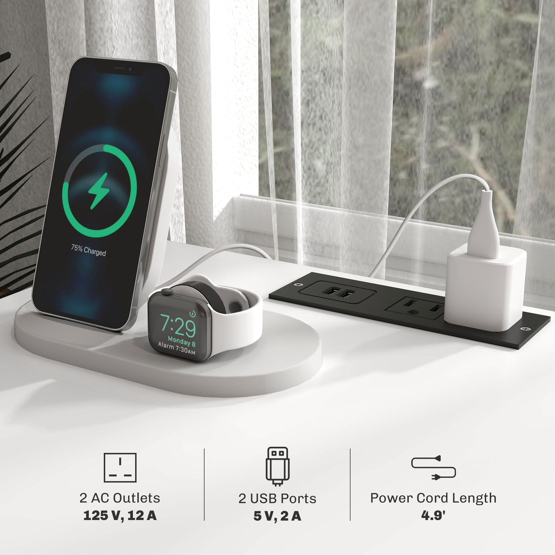 White wireless charging stand holding iPhone and Apple Watch