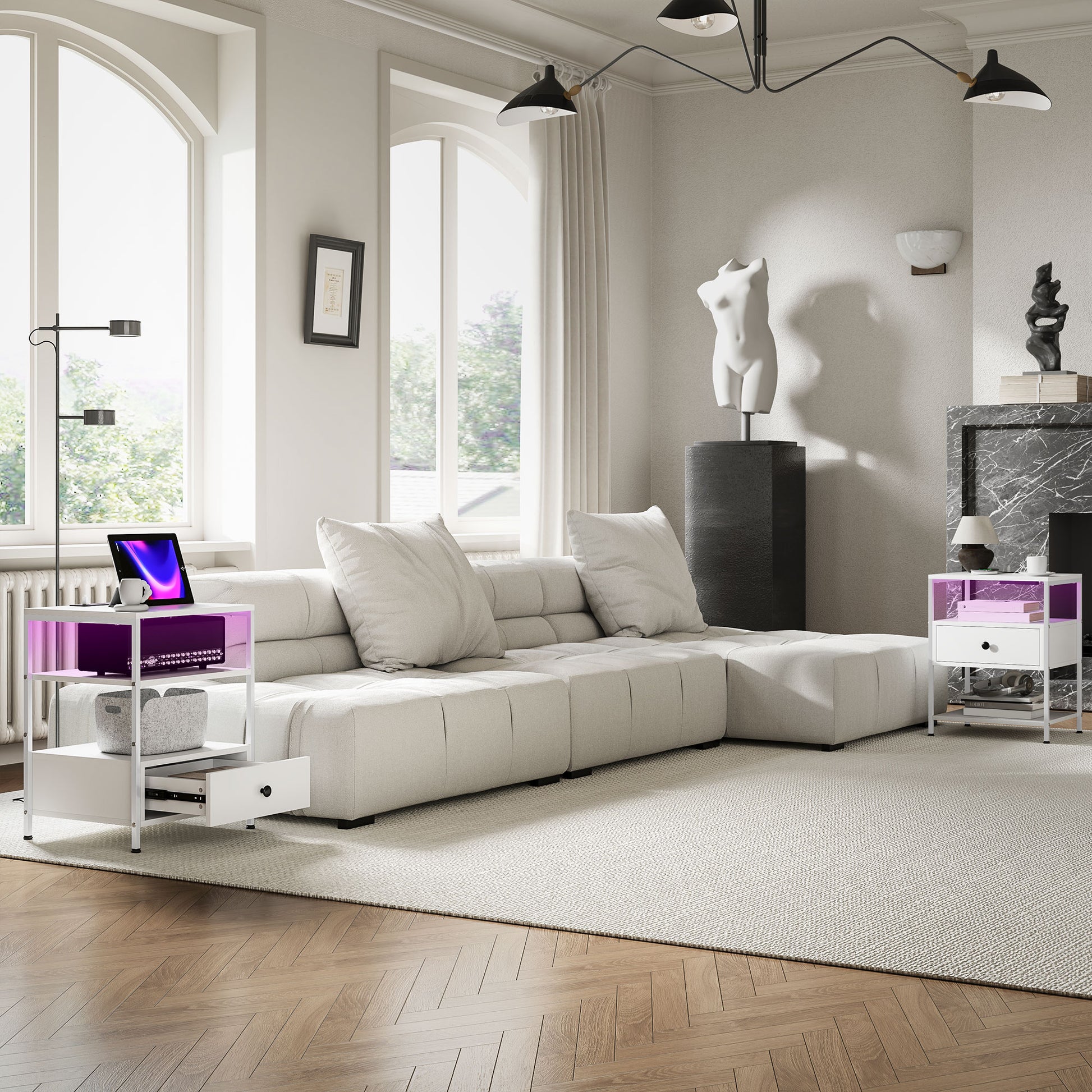 Modern sectional sofa with textured fabric in a neutral tone perfect for contemporary living rooms