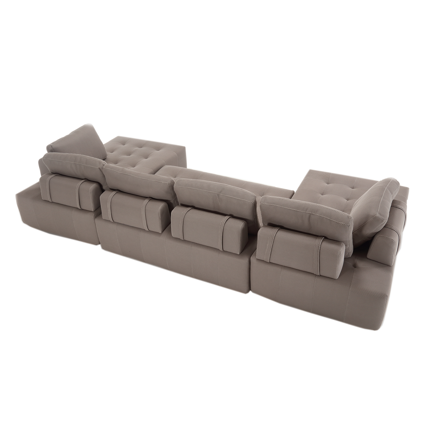 Modular sectional sofa in taupe fabric with tufted seats and adjustable headrests