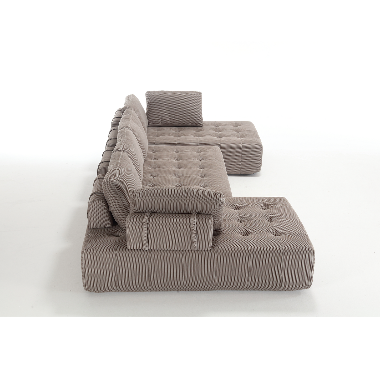 Modern taupe fabric sectional sofa with tufted cushions and clean lines