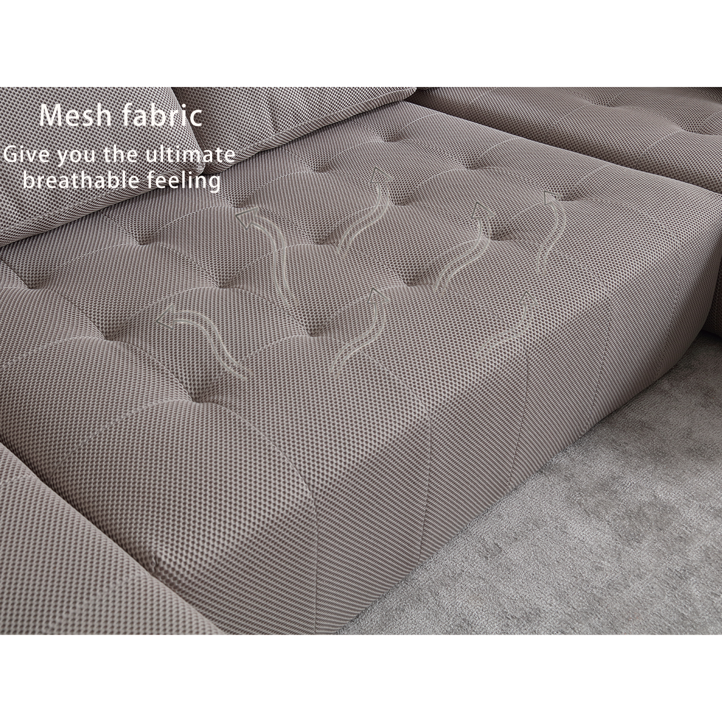 Tufted grey mesh sofa section with visible breathability