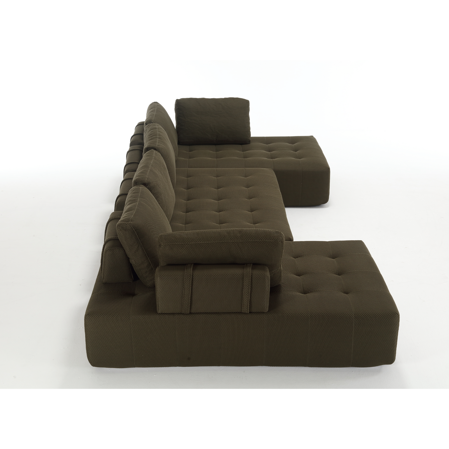 Modern modular sectional sofa in dark olive green fabric with tufted seat cushions