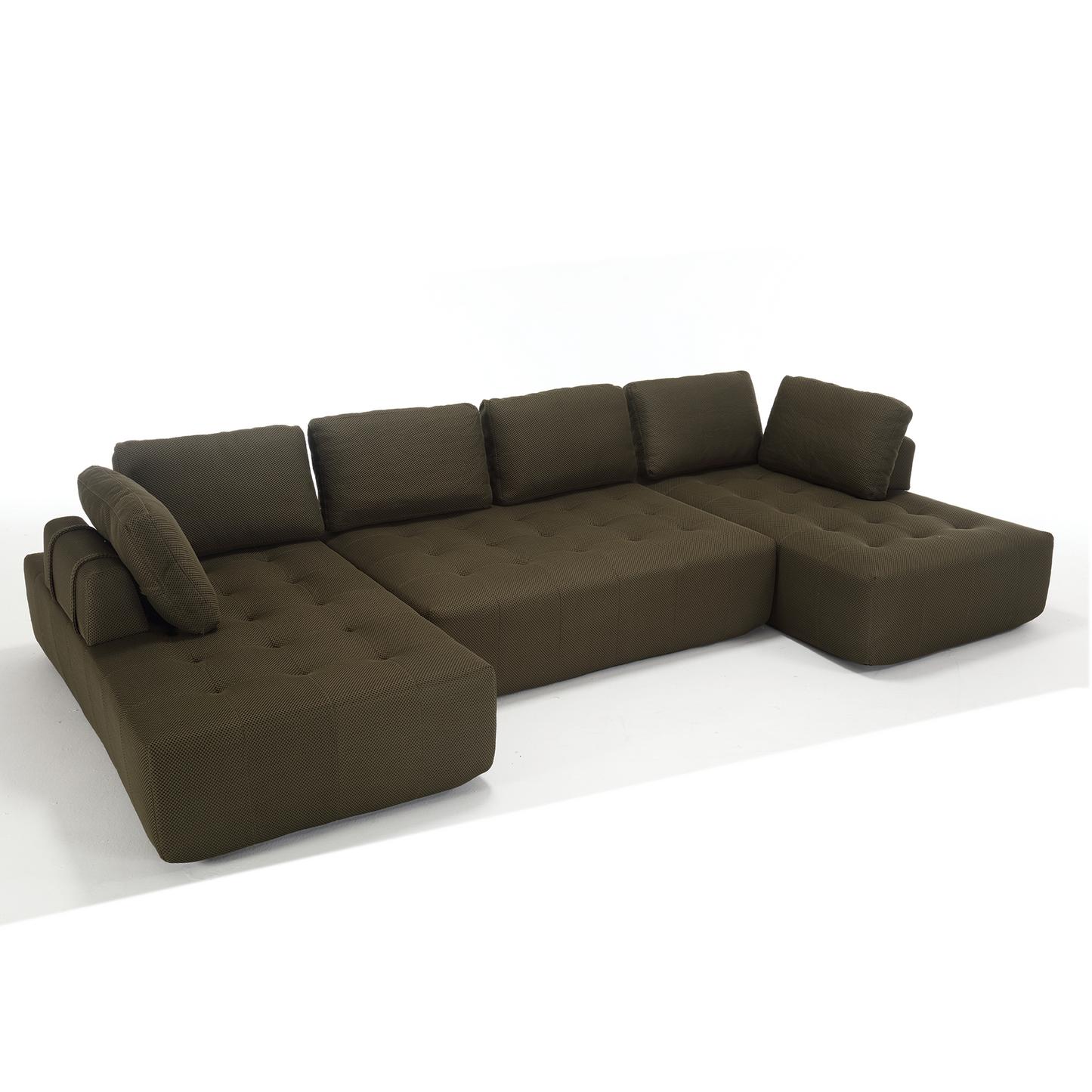 Dark brown textured fabric sectional sofa with tufted cushions and plush throw pillows