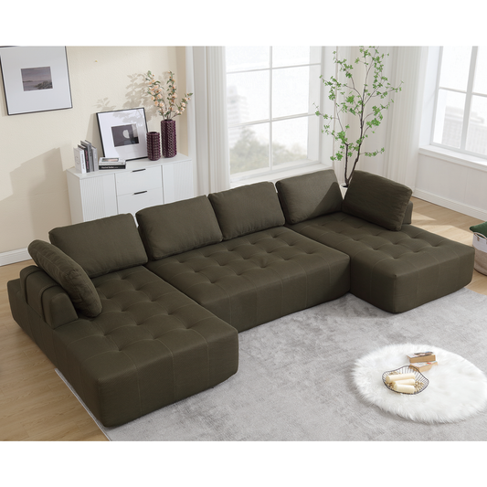 Large Ushaped sectional sofa in dark olive green textured fabric with tufted cushions
