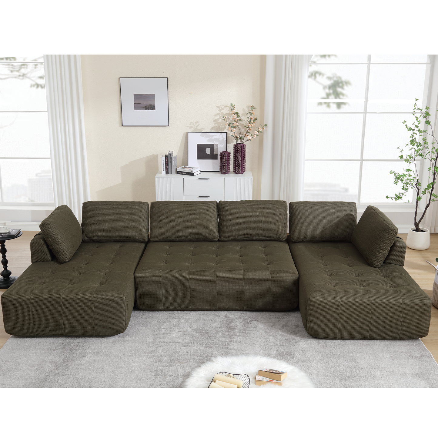 Deep olive sectional sofa with tufted cushions and plush throw pillows