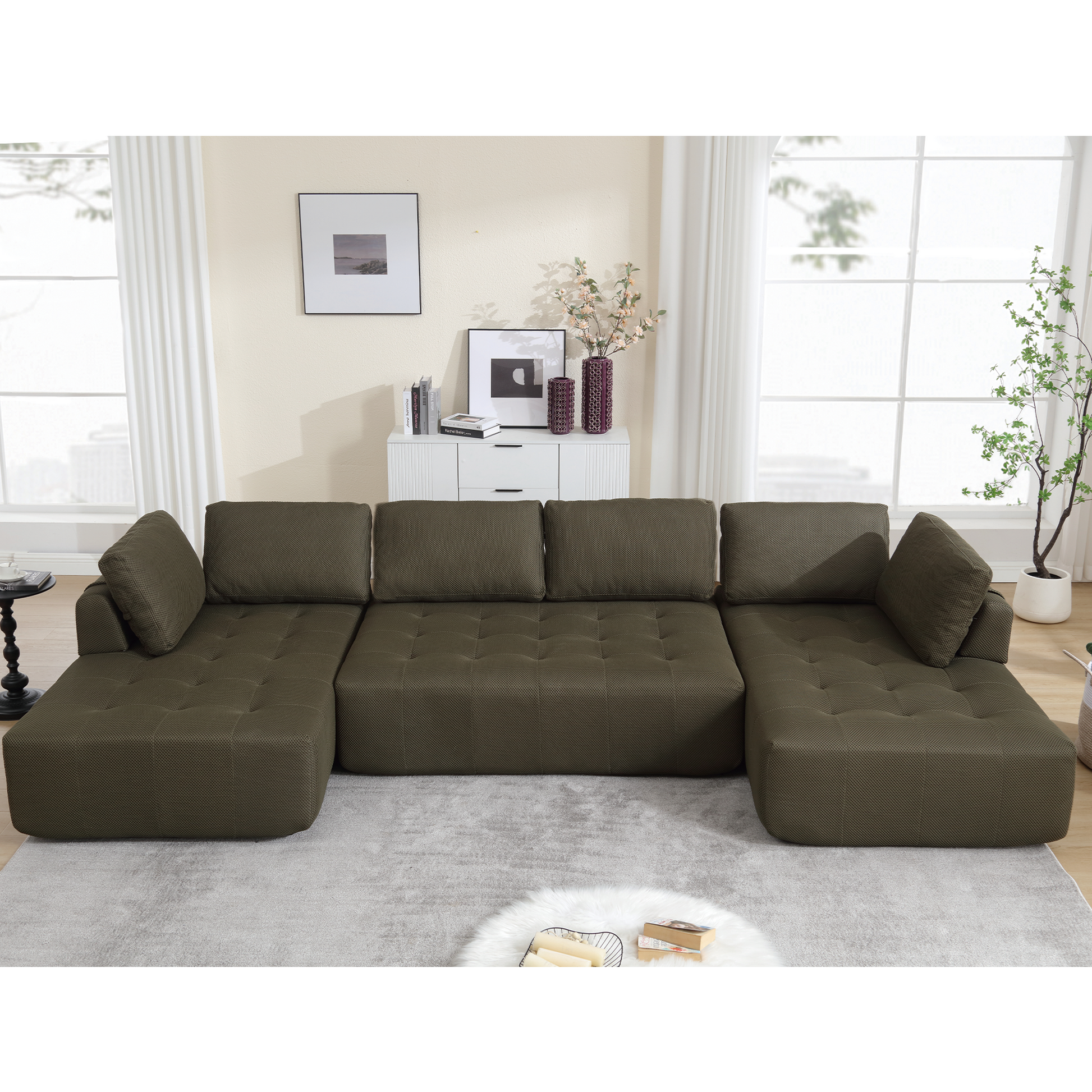 Deep olive sectional sofa with tufted cushions and plush throw pillows