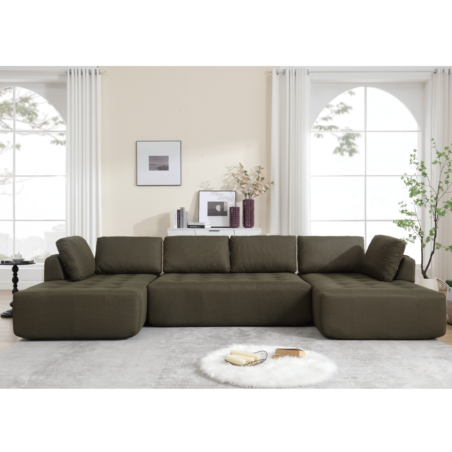 Dark olive sectional sofa with deep tufted cushions and plush throw pillows