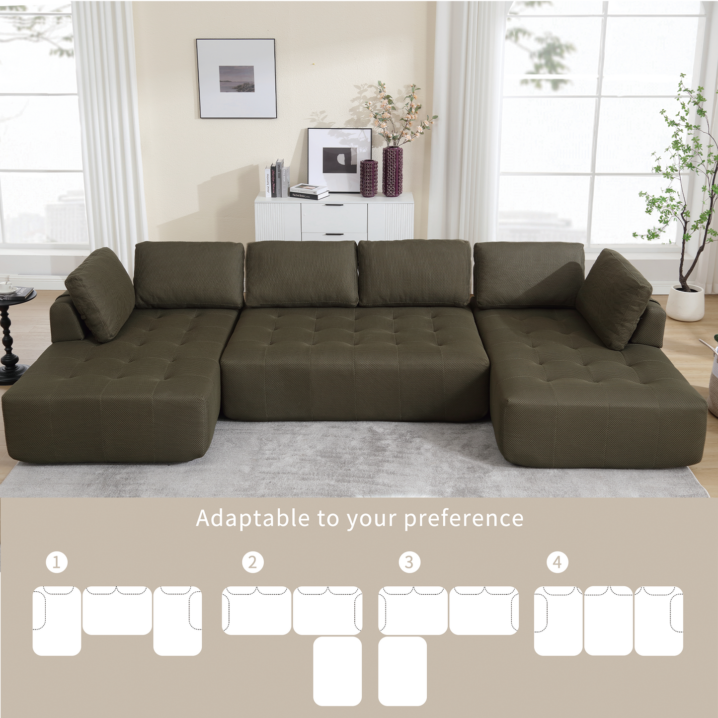 Spacious Ushaped sectional sofa in dark green fabric tufted cushions and modern design