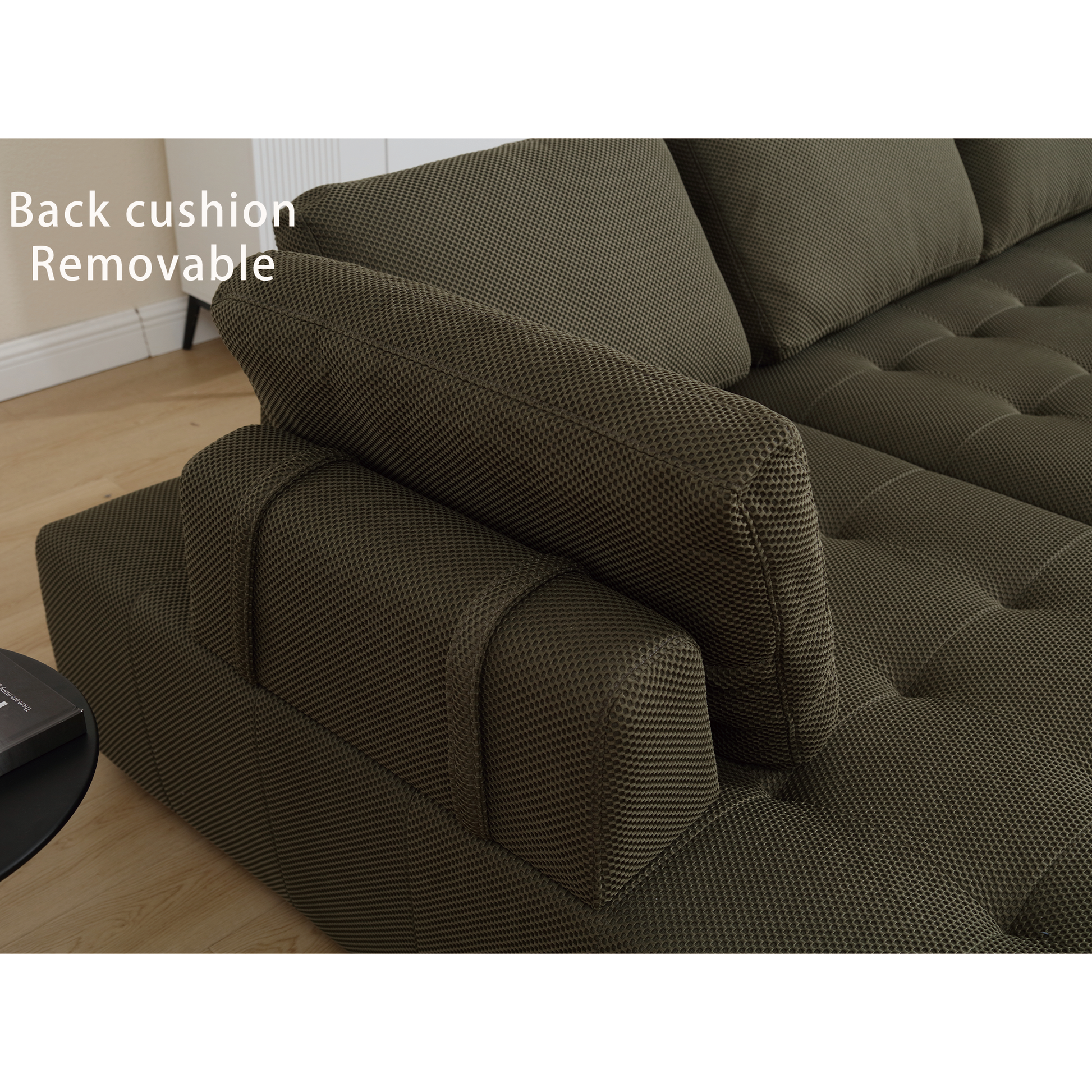 Dark green fabric sectional sofa with removable back cushions tufted seat details