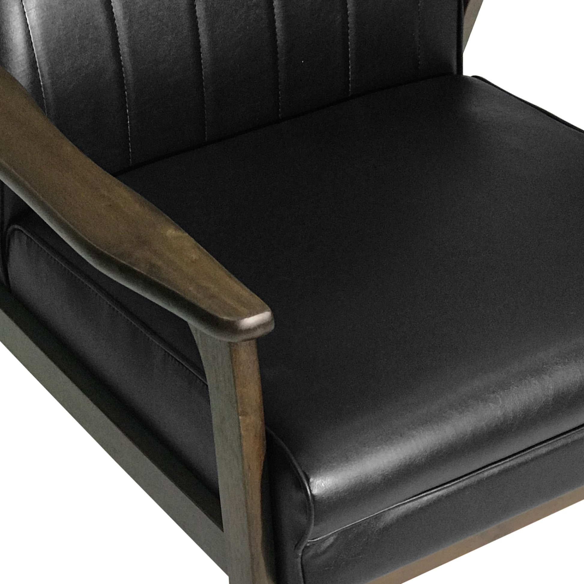 Black leather accent chair with tufted back and dark wood armrests ideal for living room seating