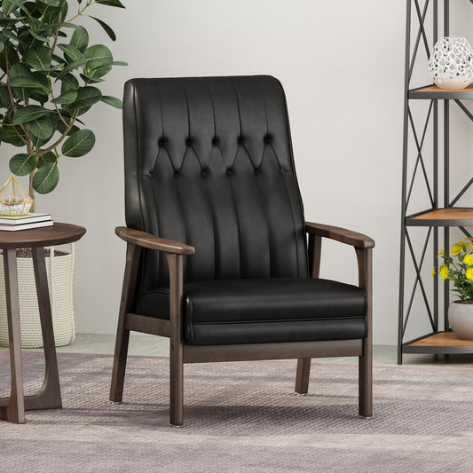 Black tufted armchair with wooden legs and arms midcentury modern accent chair