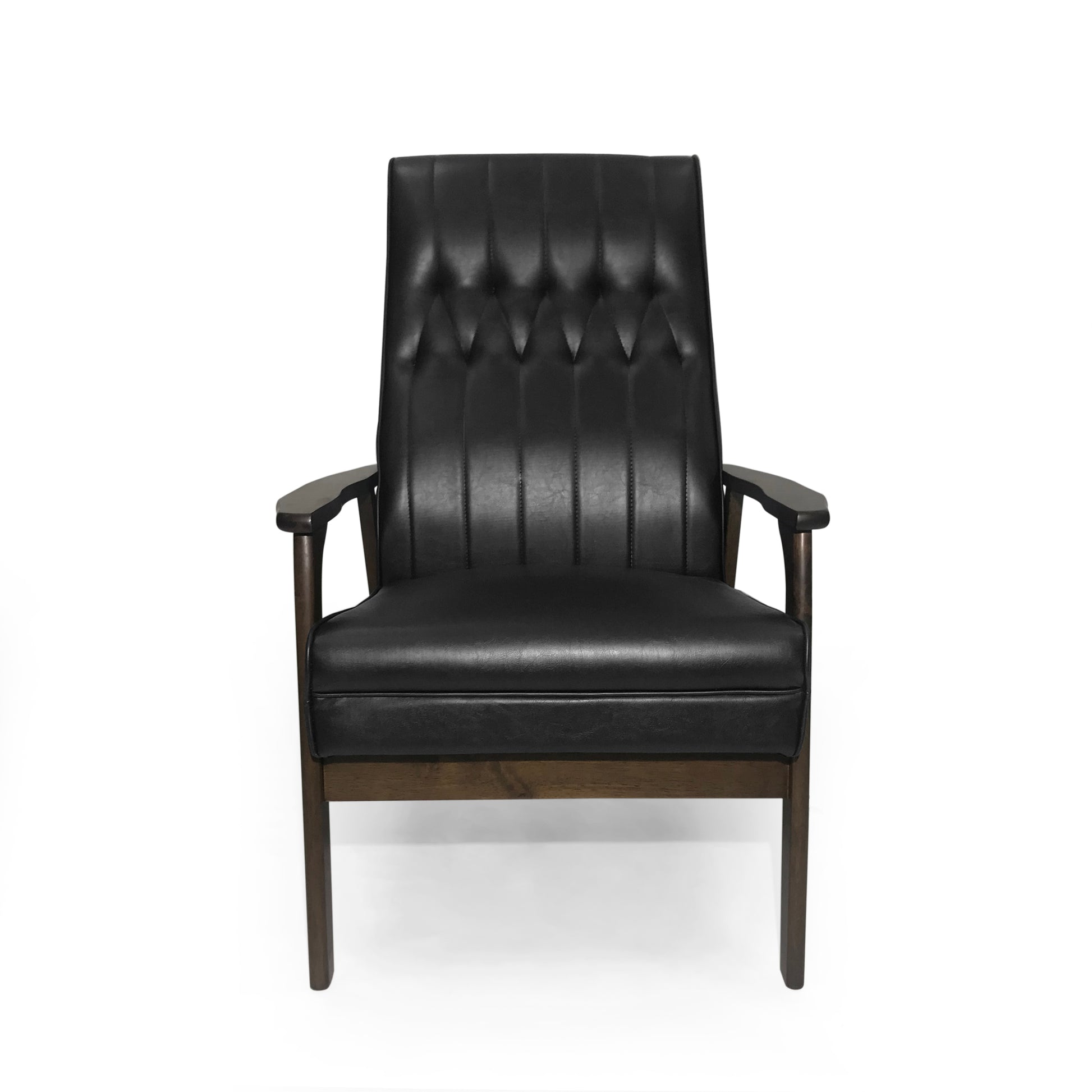 Tufted black leather accent chair with dark wood frame midcentury modern design