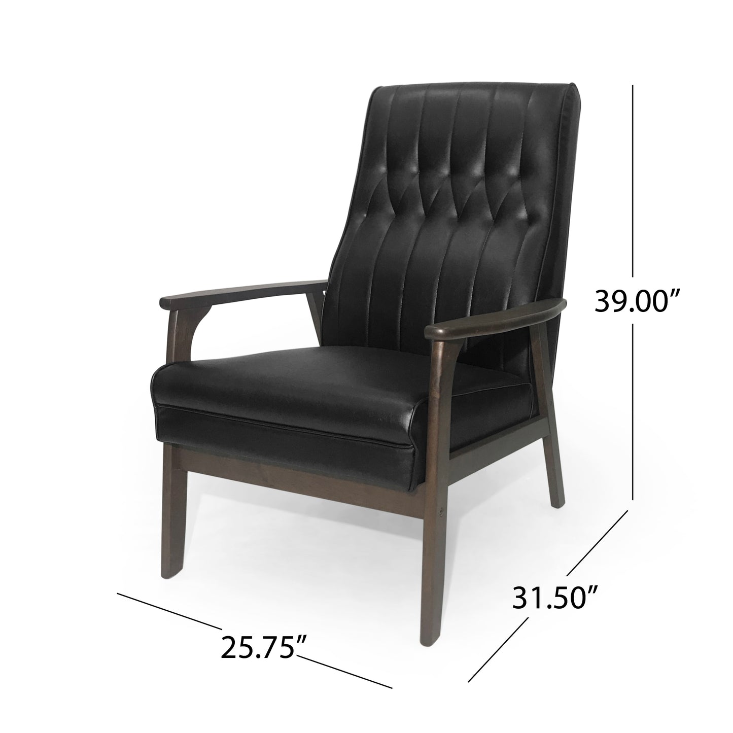 Tufted black faux leather accent chair with dark wood frame and arms