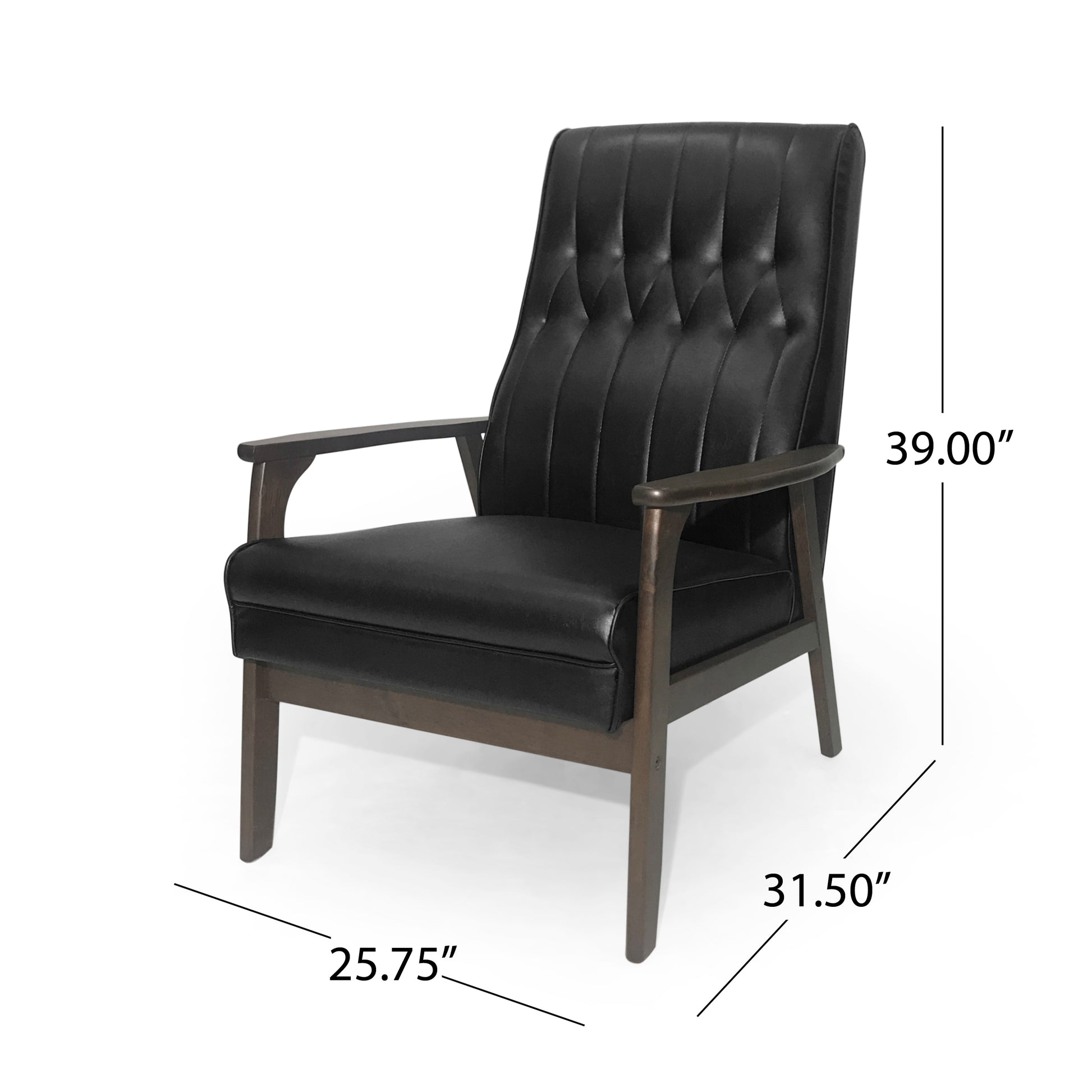 Tufted black faux leather accent chair with dark wood frame and arms