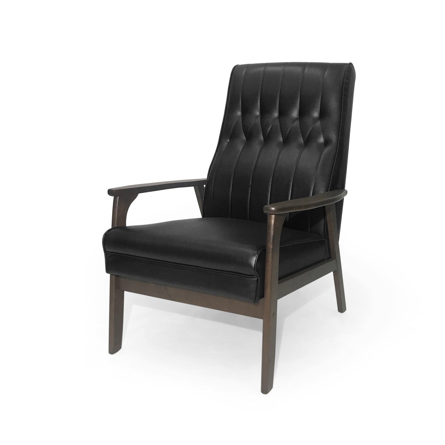 Black faux leather armchair with tufted back and dark wood frame