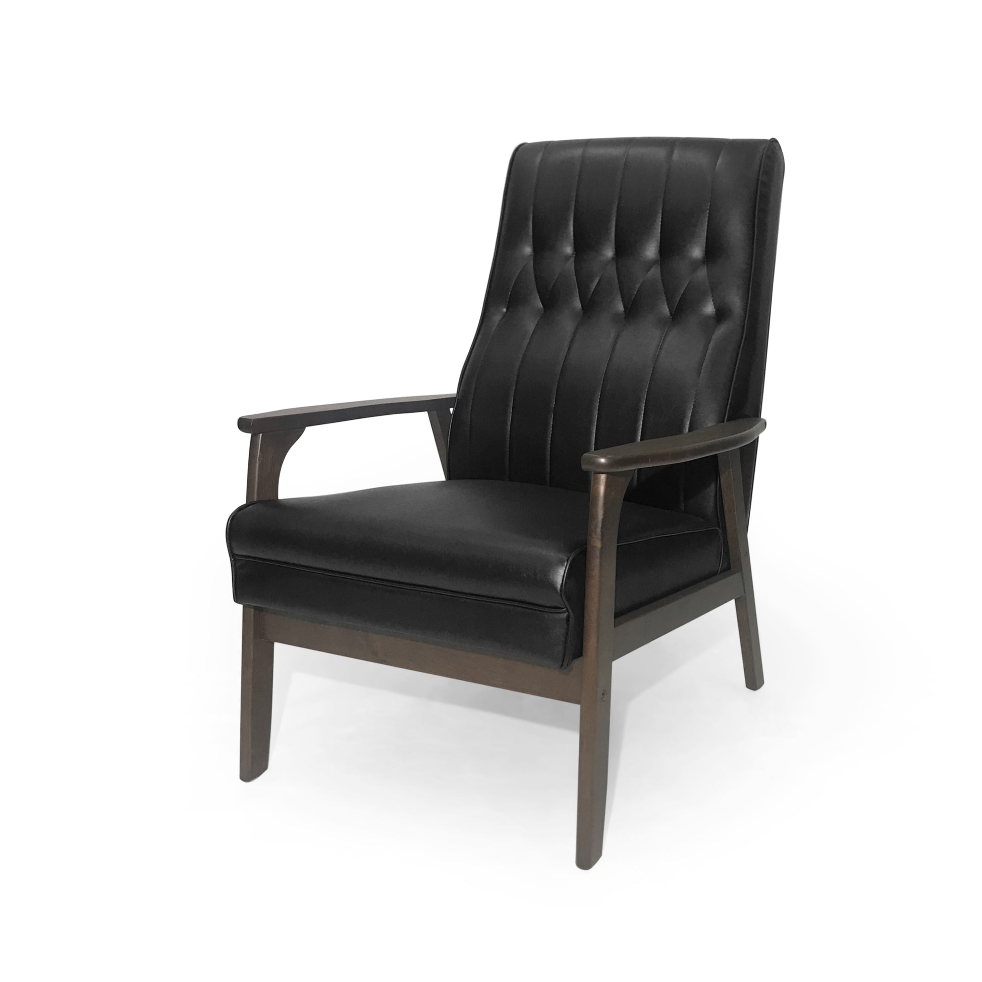 Black faux leather armchair with tufted back and dark wood frame