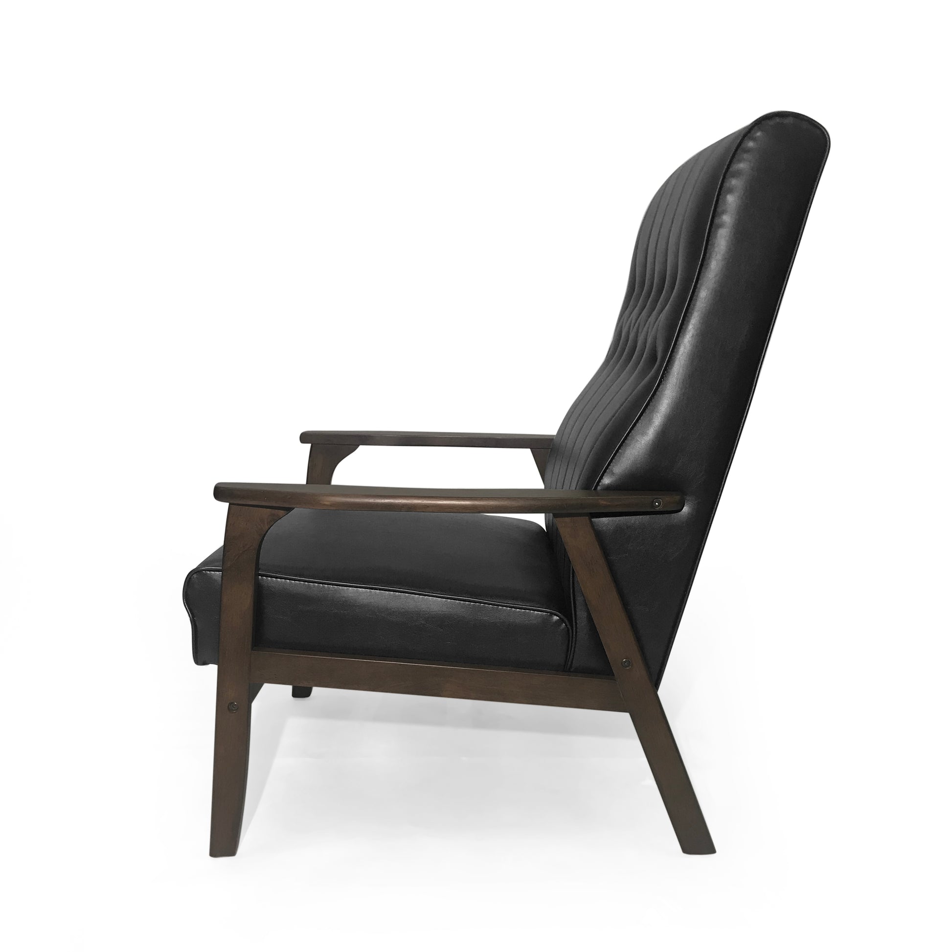 Black tufted faux leather armchair with wooden arms and legs modern accent chair