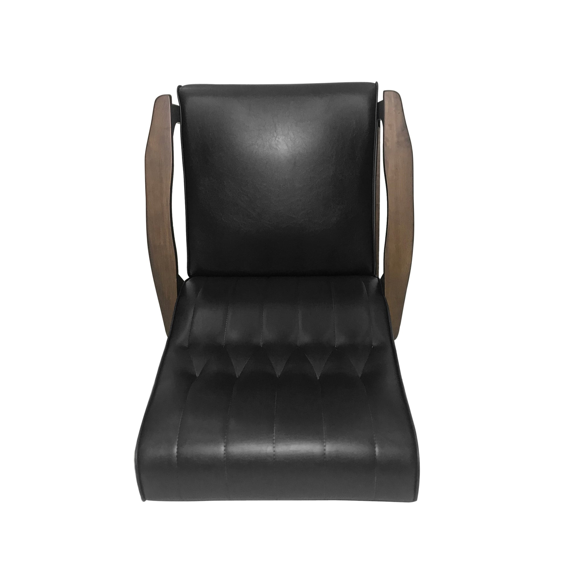 Tufted black leather accent chair with curved wooden arms for stylish living rooms