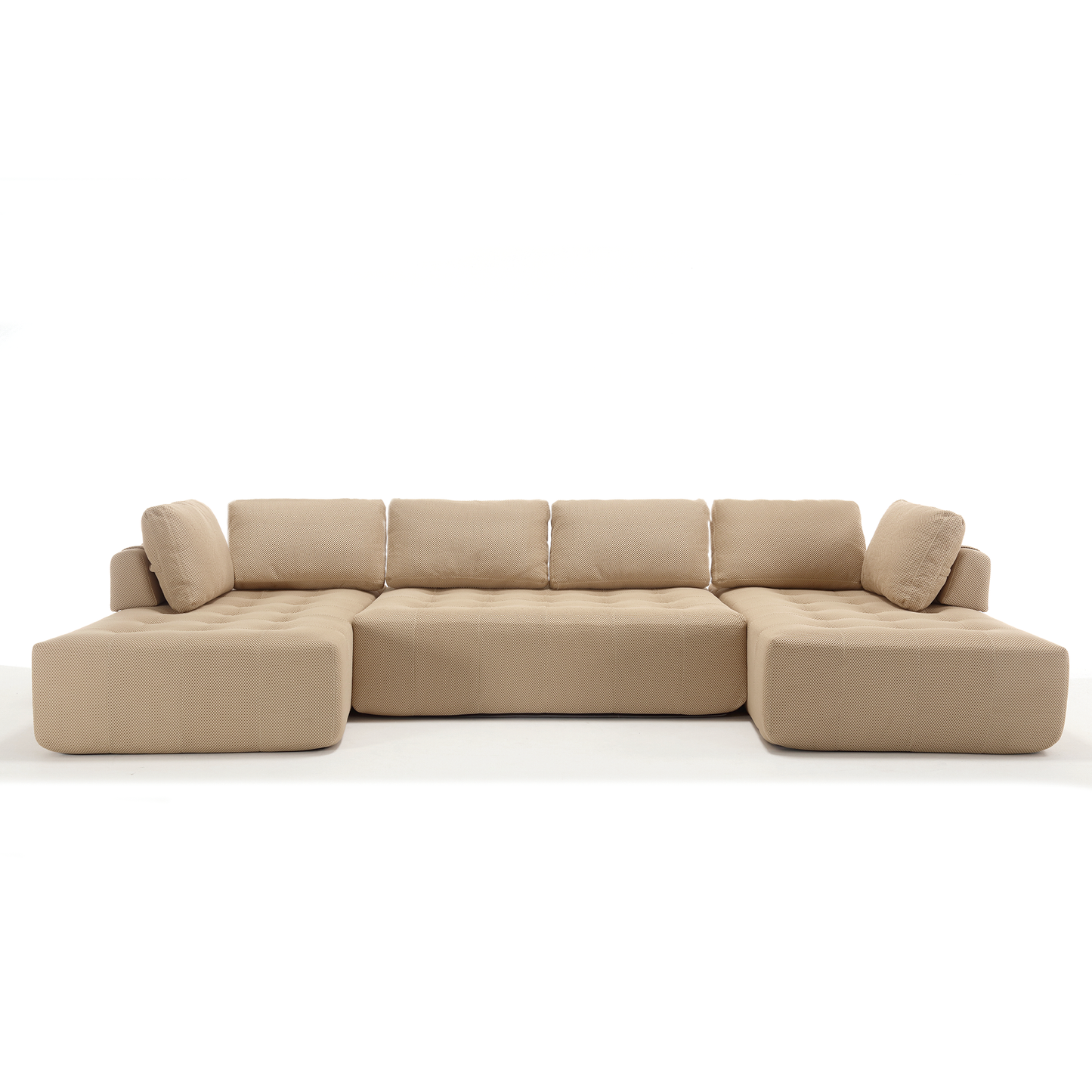 Modern beige fabric sectional sofa with tufted seat cushions and plush armrests