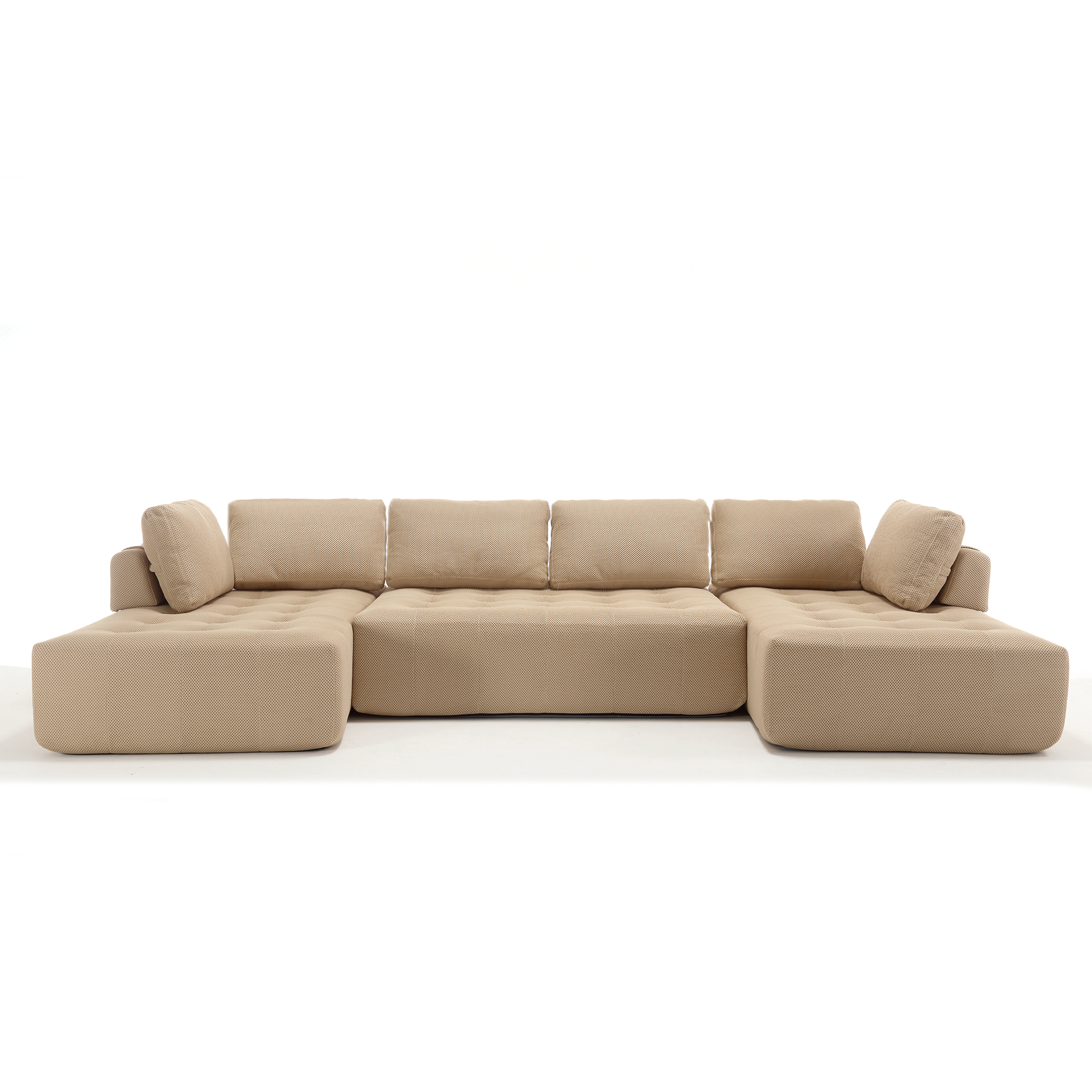 Modern beige fabric sectional sofa with tufted seat cushions and plush armrests