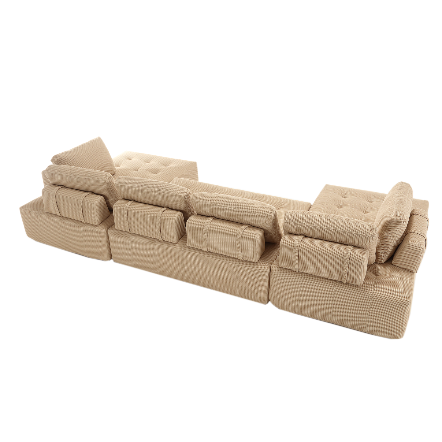 Tufted beige fabric sectional sofa with multiple plush cushions and armrests