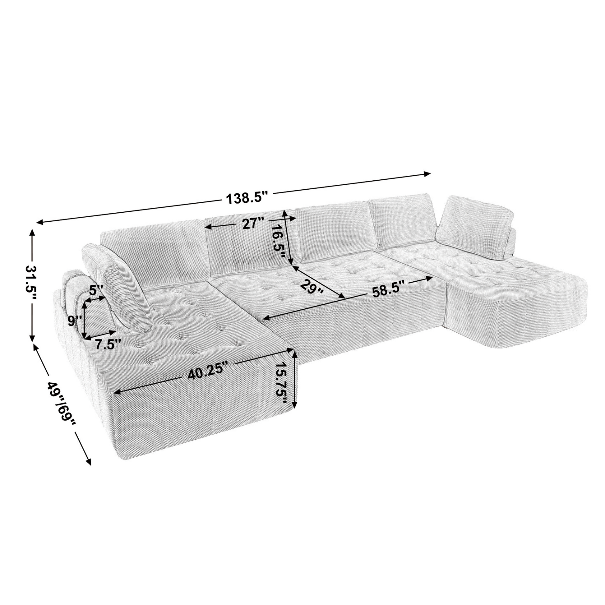 Schematic of a sectional sofa with dimensions overall length  inches seat depth  inches