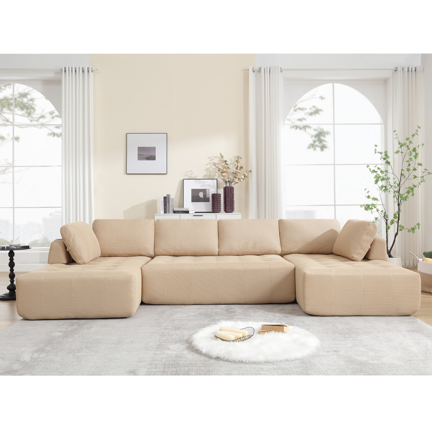 Beige sectional sofa with textured fabric and plush cushions for a modern living room
