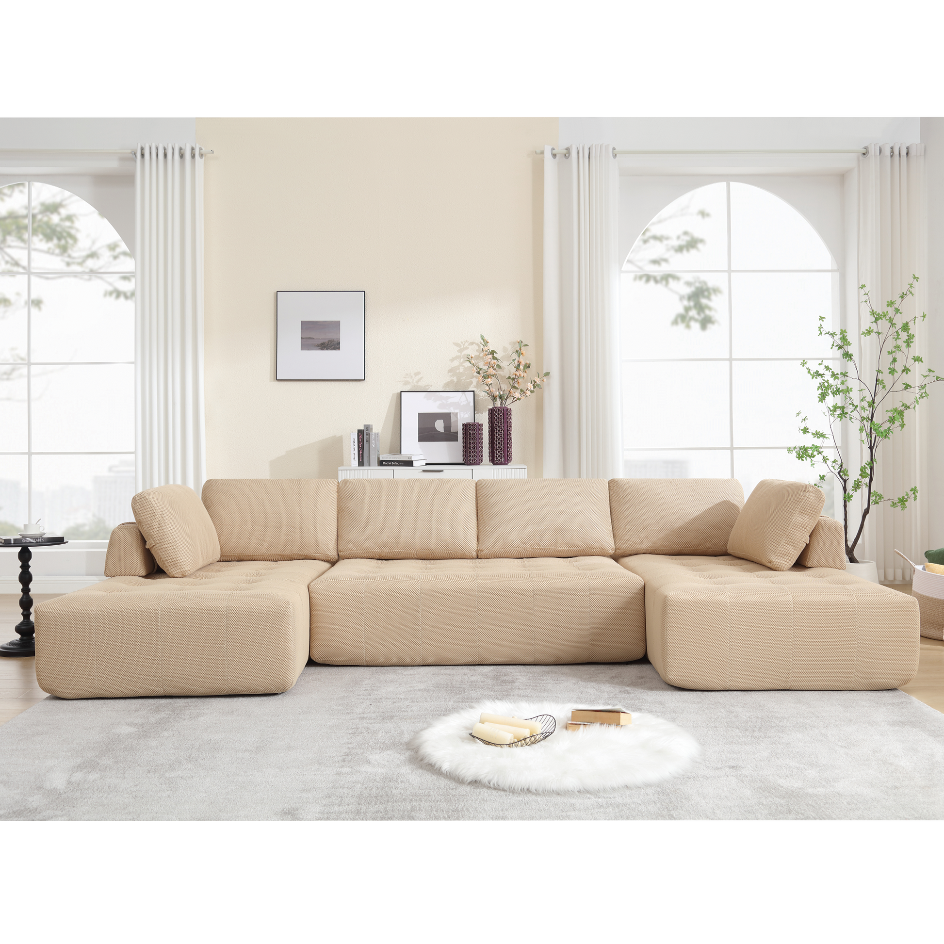 Beige sectional sofa with textured fabric and plush cushions for a modern living room