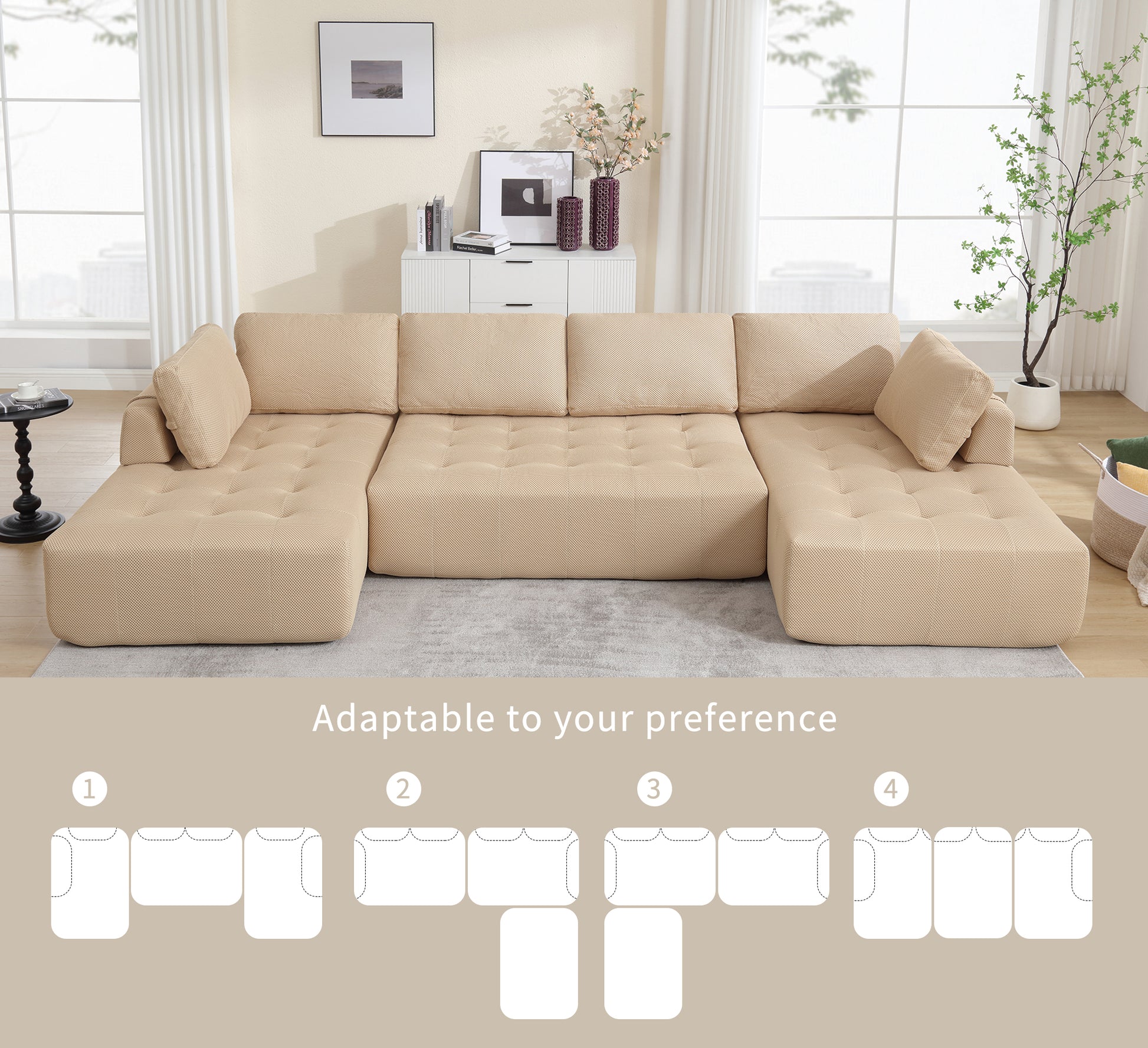 Tufted beige sectional sofa with plush cushions perfect for modern living room comfort