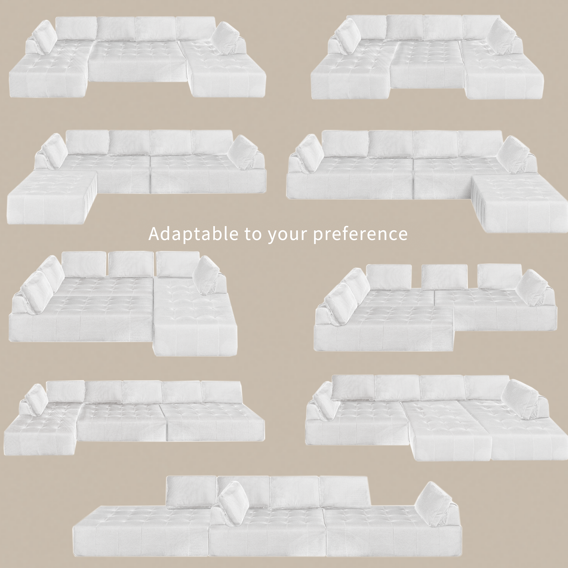 White modular sectional sofa with tufted cushions and plush accent pillows