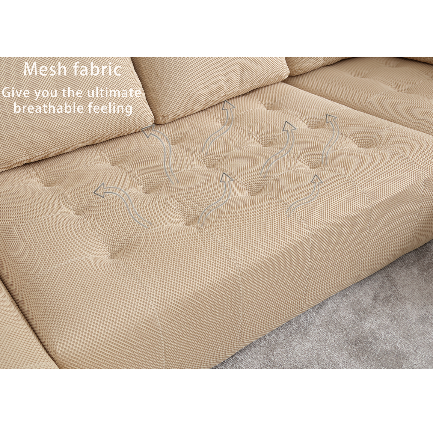 Textured beige mesh fabric upholstery on a tufted sofa emphasizing breathability and comfort