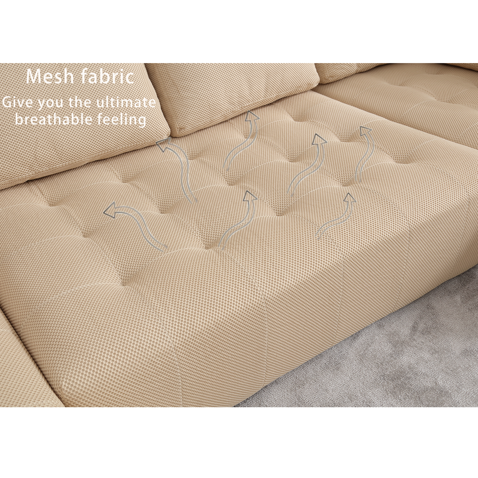 Textured beige mesh fabric upholstery on a tufted sofa emphasizing breathability and comfort