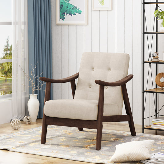 Cream linen accent chair with dark wood frame and button tufting perfect for reading nooks