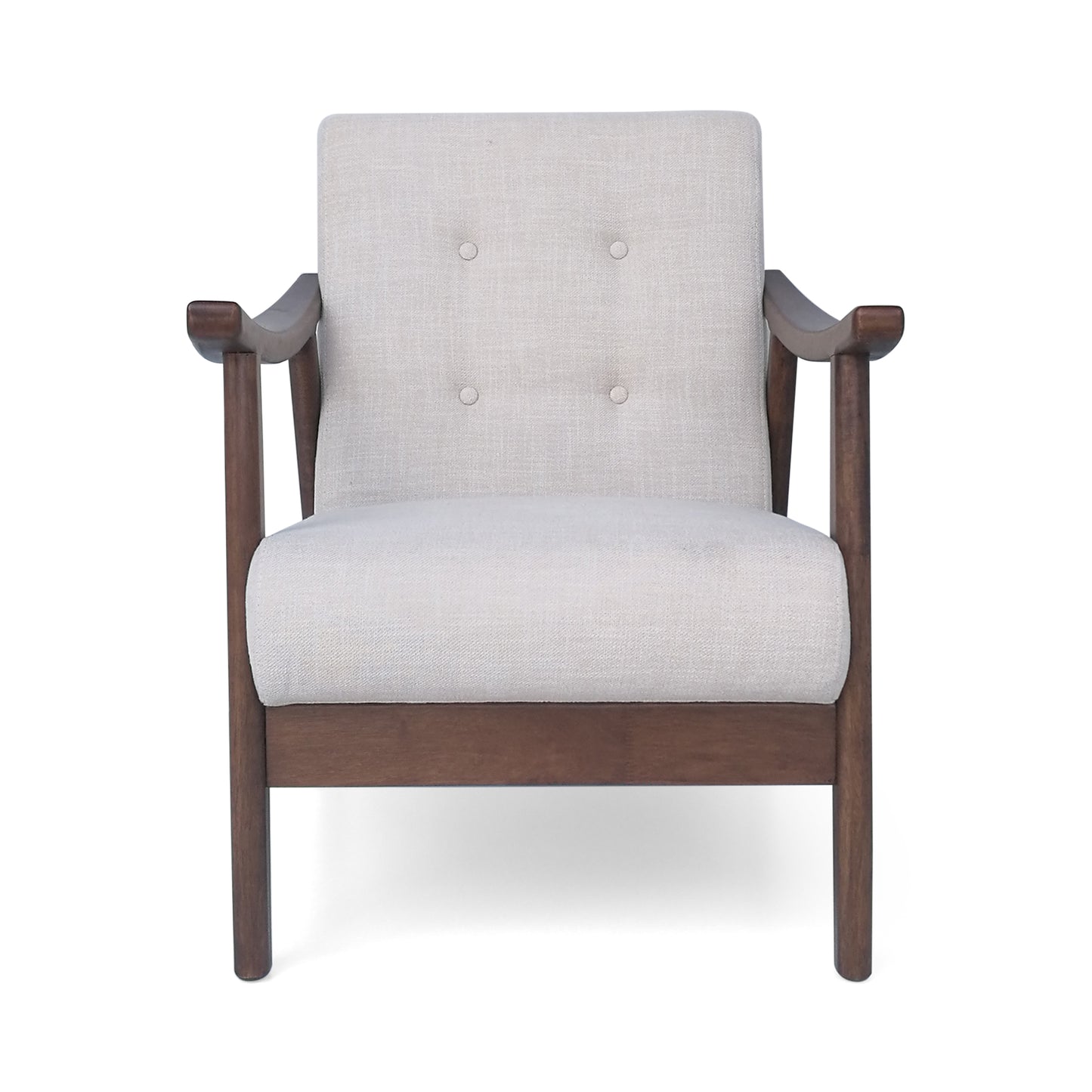 Textured light gray armchair with dark wood frame and button tufting