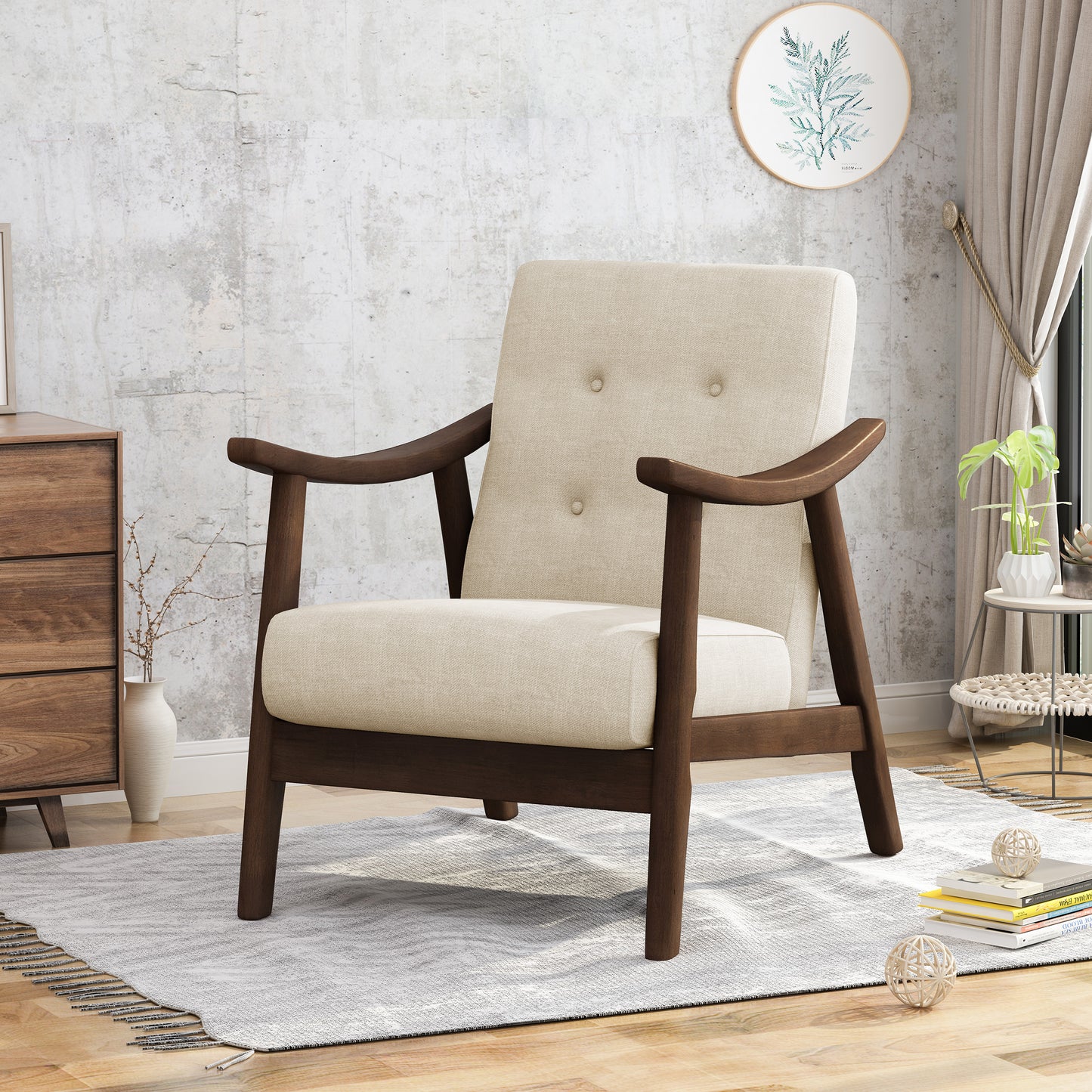 Elegant beige accent chair with dark wood frame and button tufting for modern living rooms