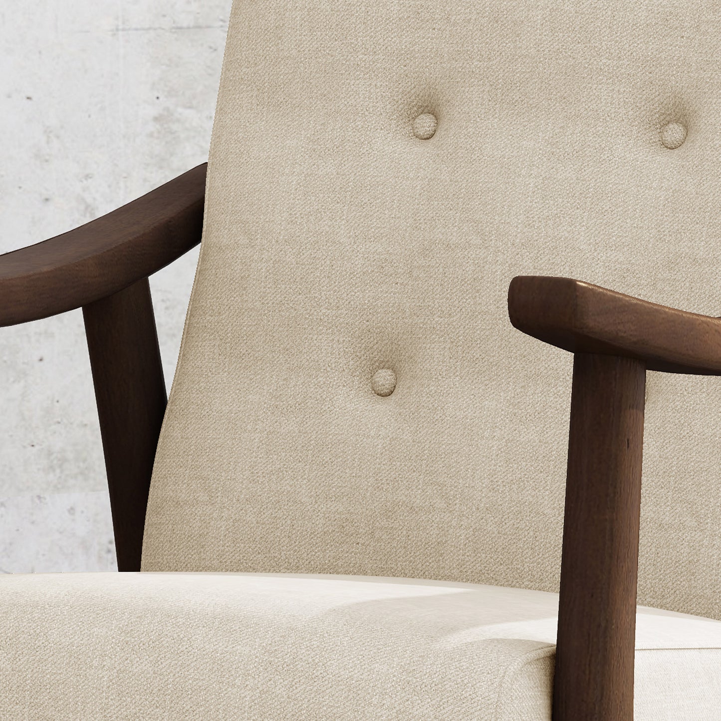 Tufted beige fabric armchair with dark wood arms midcentury modern armchair