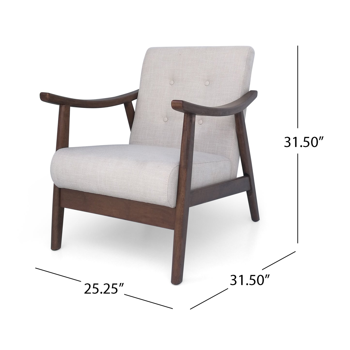 Cream fabric accent chair with button tufting and dark wood arms midcentury modern style