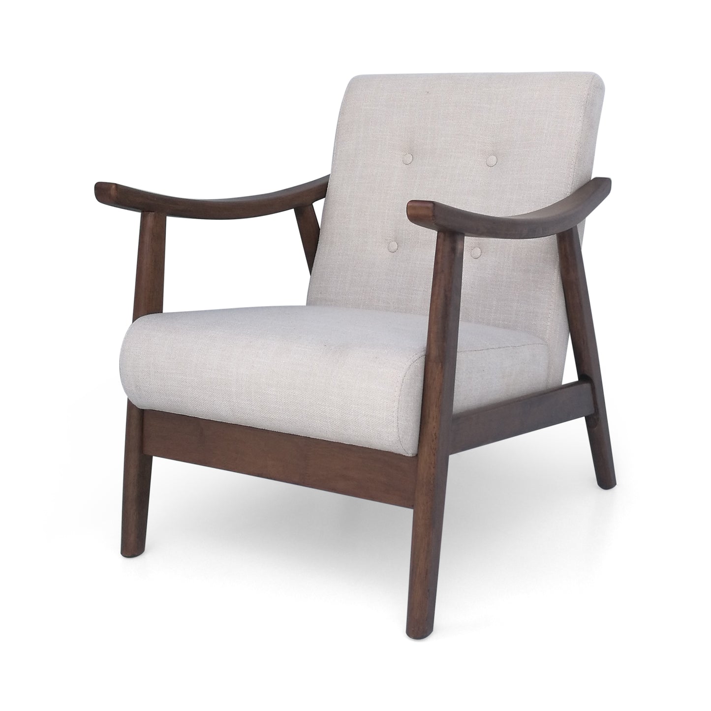 Midcentury modern accent chair with cream linen upholstery and dark wood frame