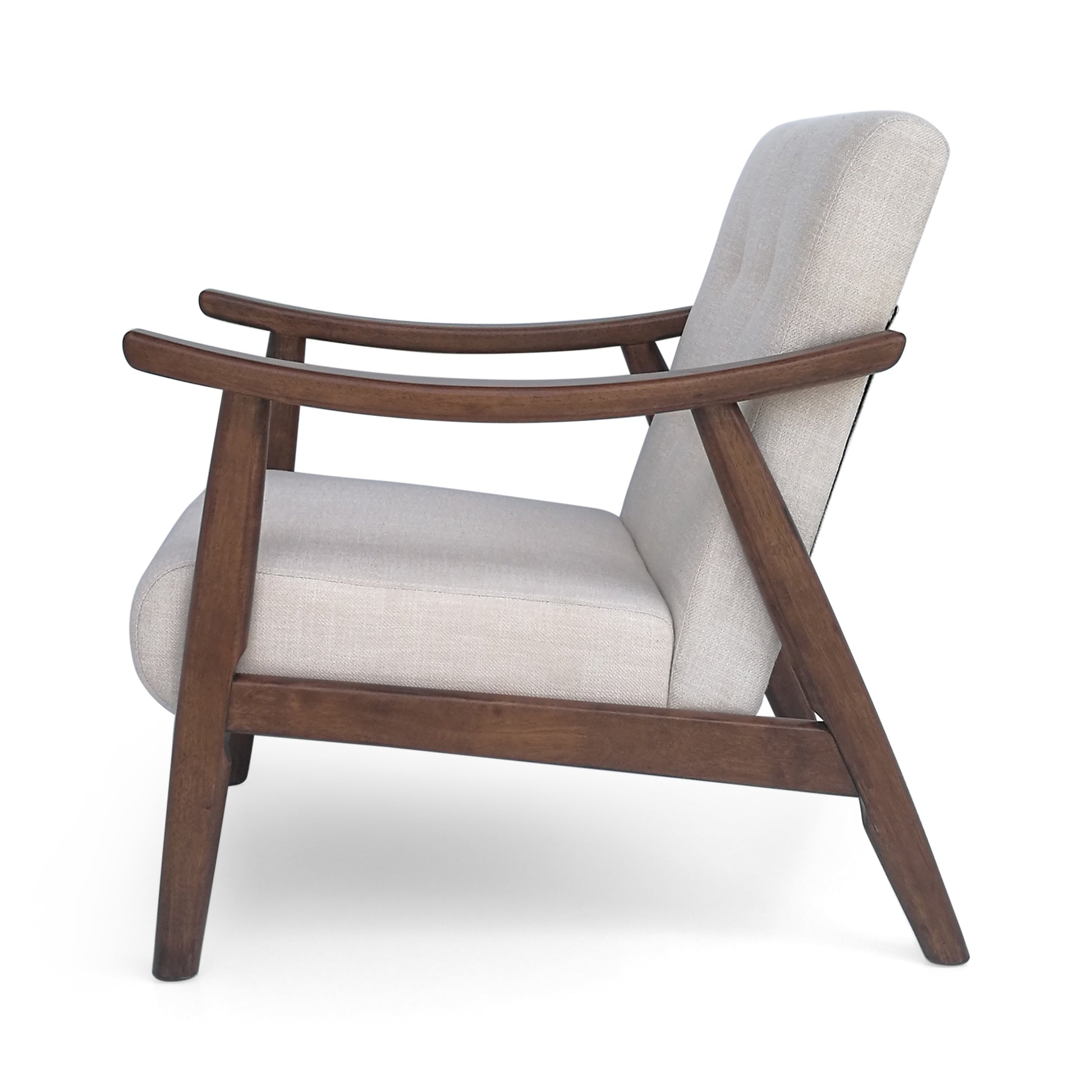 Midcentury modern accent chair with light gray upholstery and dark wood frame