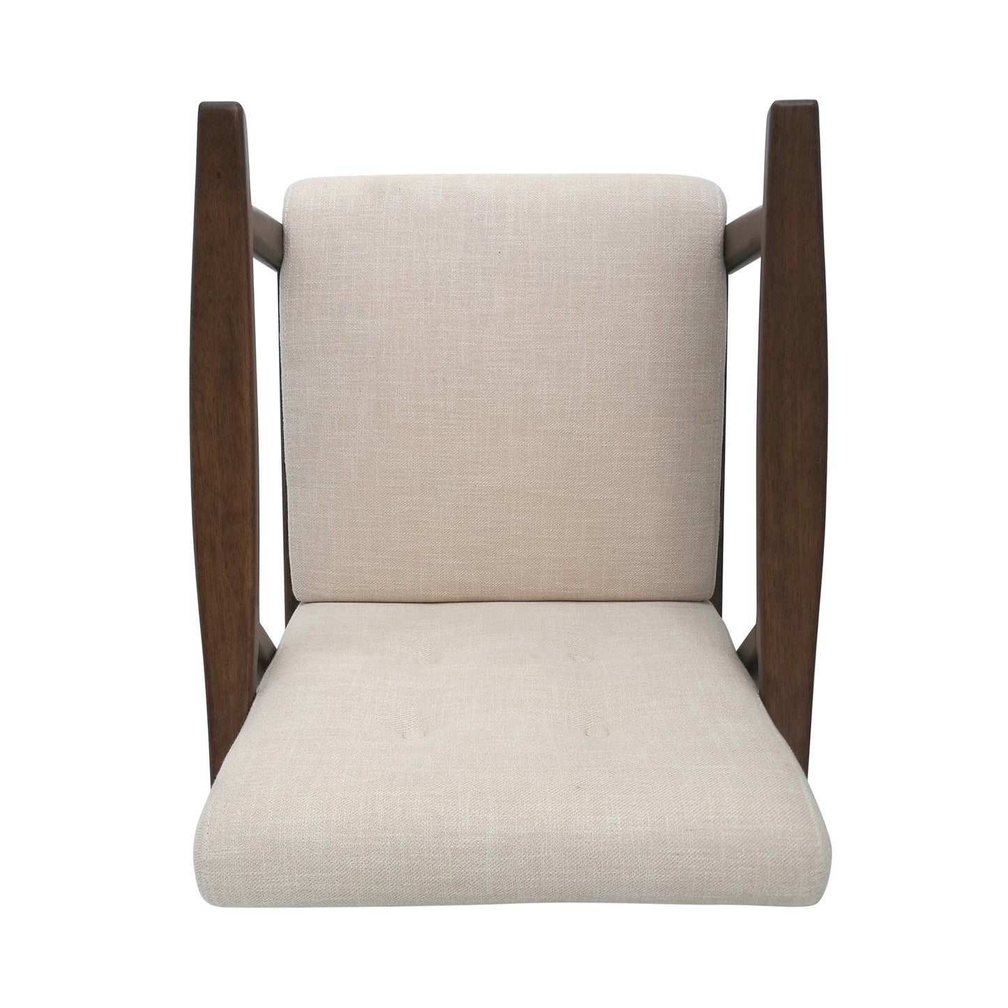 Top view of upholstered accent chair with dark wood frame and light beige fabric seat