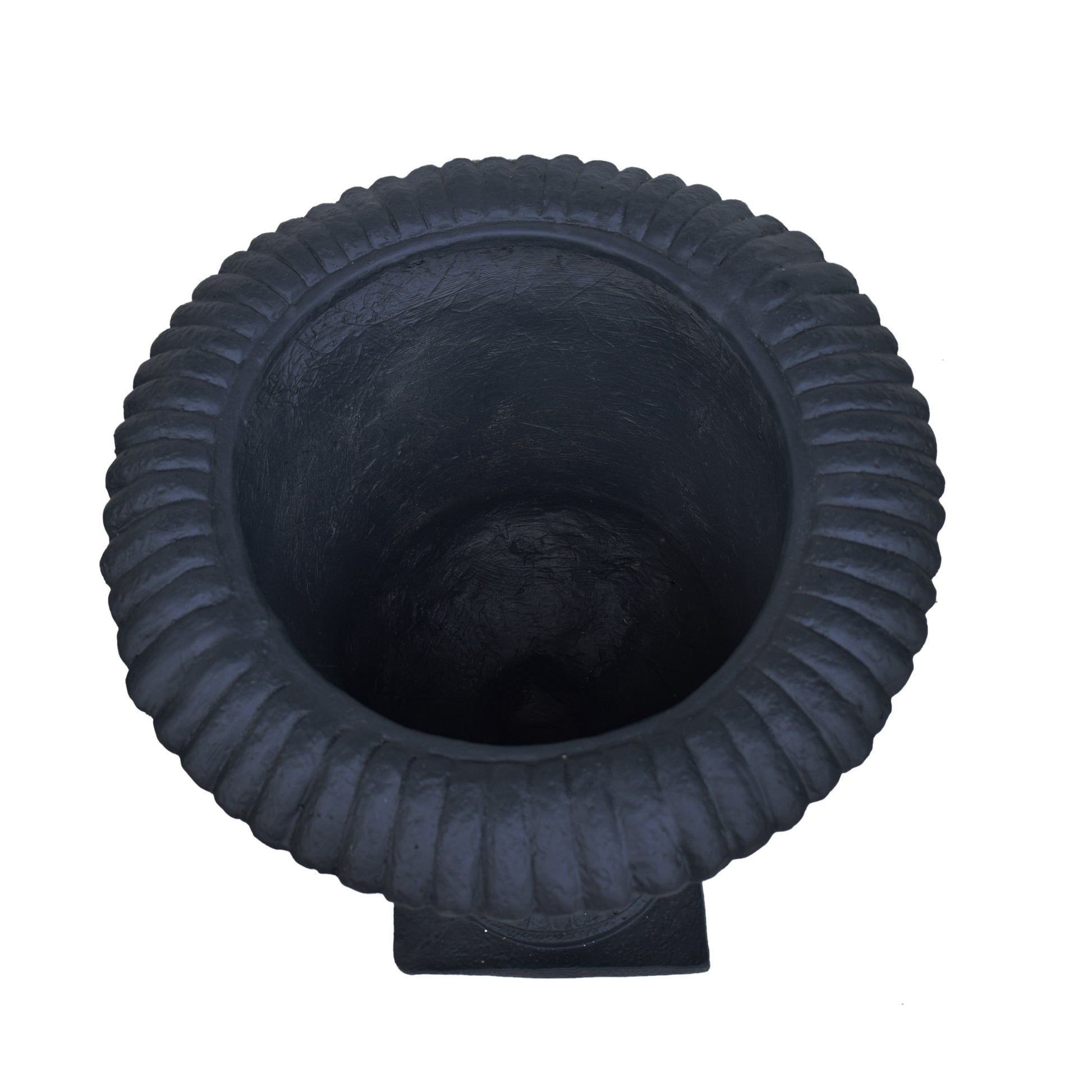 Black ribbed urn planter with a textured finish ideal for gardens